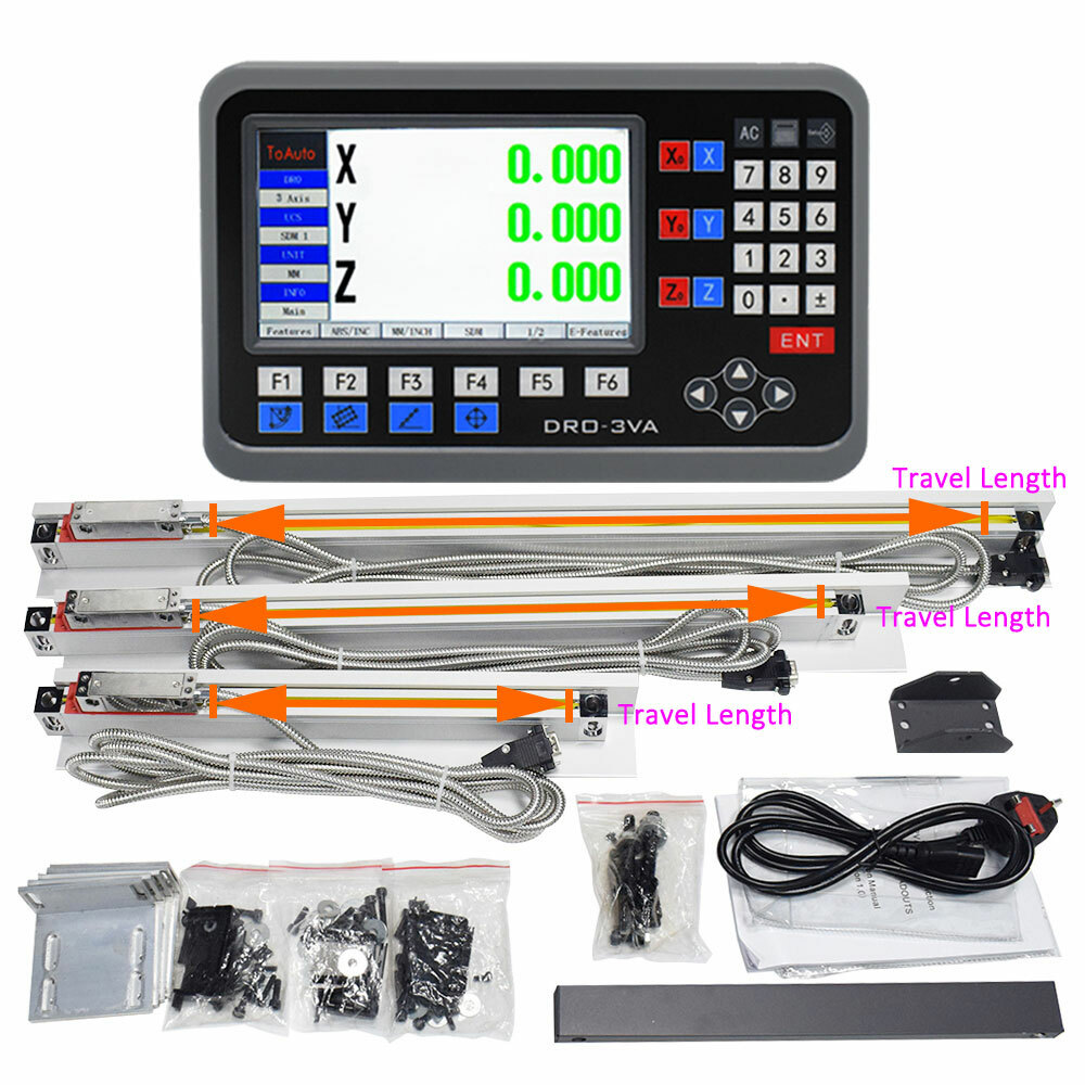 TOAUTO LCD Digital Readout 3Axis DRO Display+5um 3PC Linear Glass Scale Full Kit
