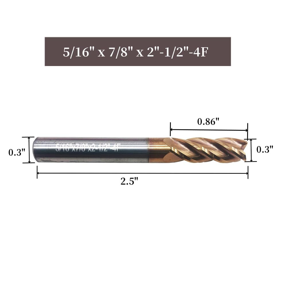 5Pcs 4 Flute Solid Carbide End Mills HRC55 5/16″x7/8″x2″-1/2″-4F