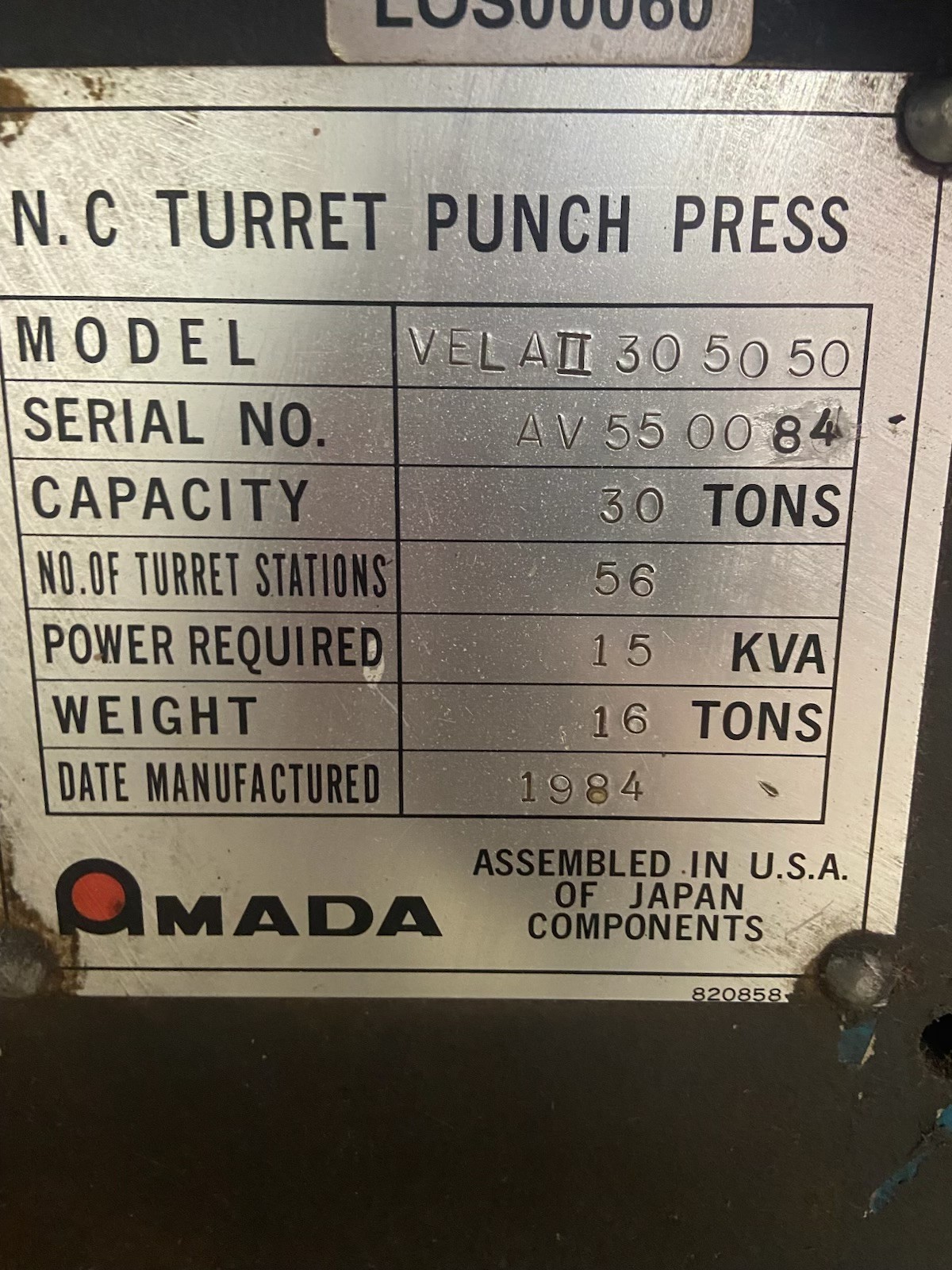 1984 30-ton Amada Turret Punch Vela II 30 50 50