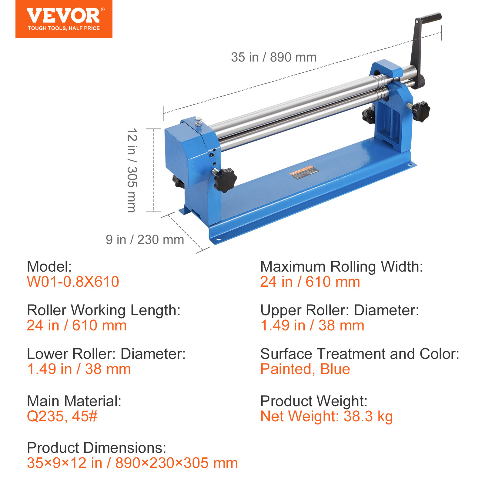 VEVOR Slip Roll Machine Sheet Metal Slip Roller 24” x 16 Gauge φ1.49 in Roller