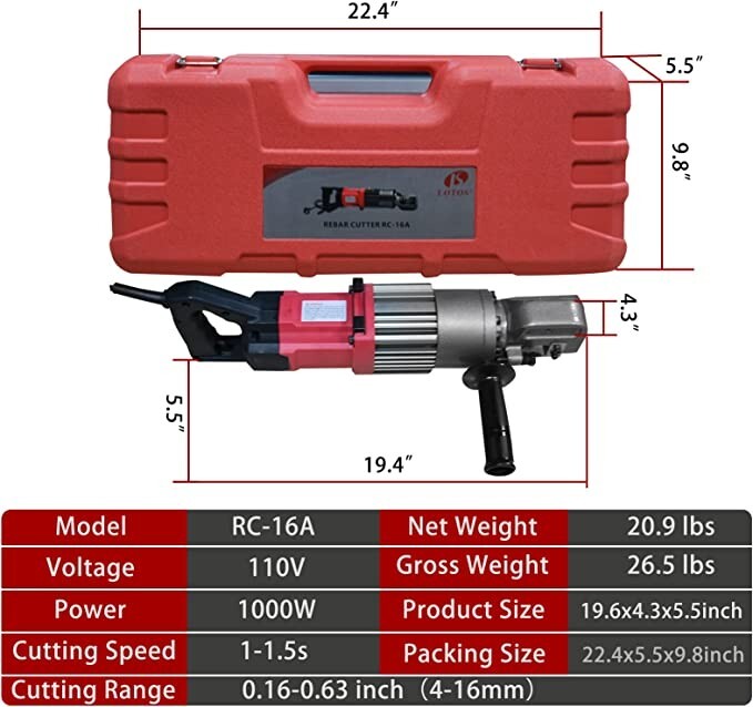 Lotos RC16A Electric Rebar Cutter 1000W Portable Hydraulic Cut 5/8″ 16mm, 110V