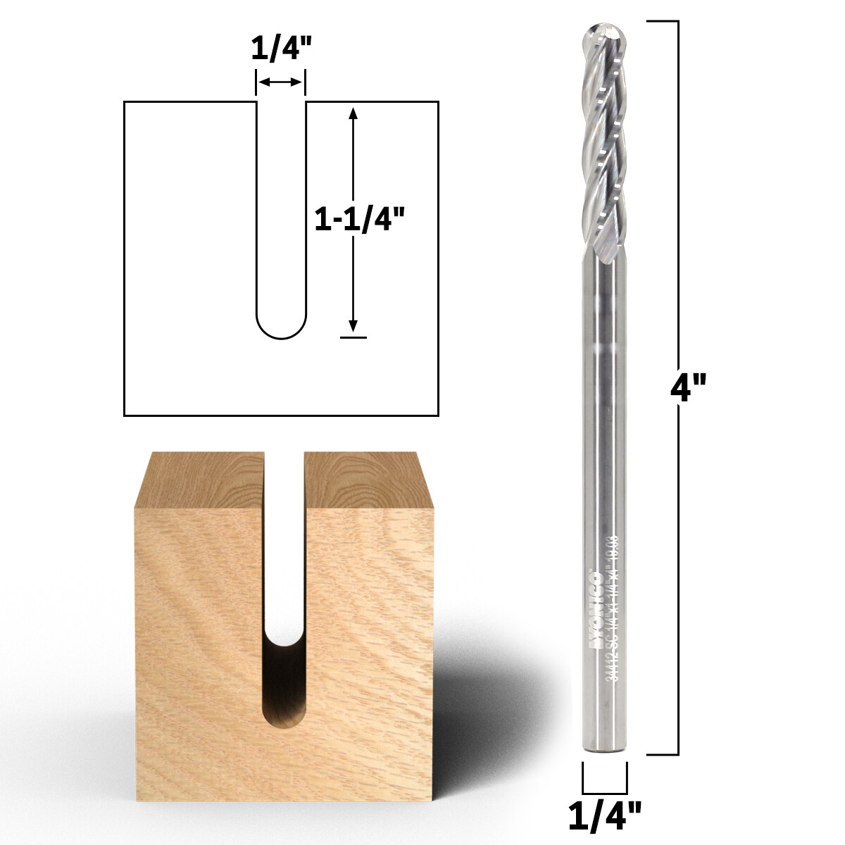 1/4″ Dia. 4 Flute Ballnose Spiral Endmill Router Bit 1/4″ Shank Yonico 34412-SC