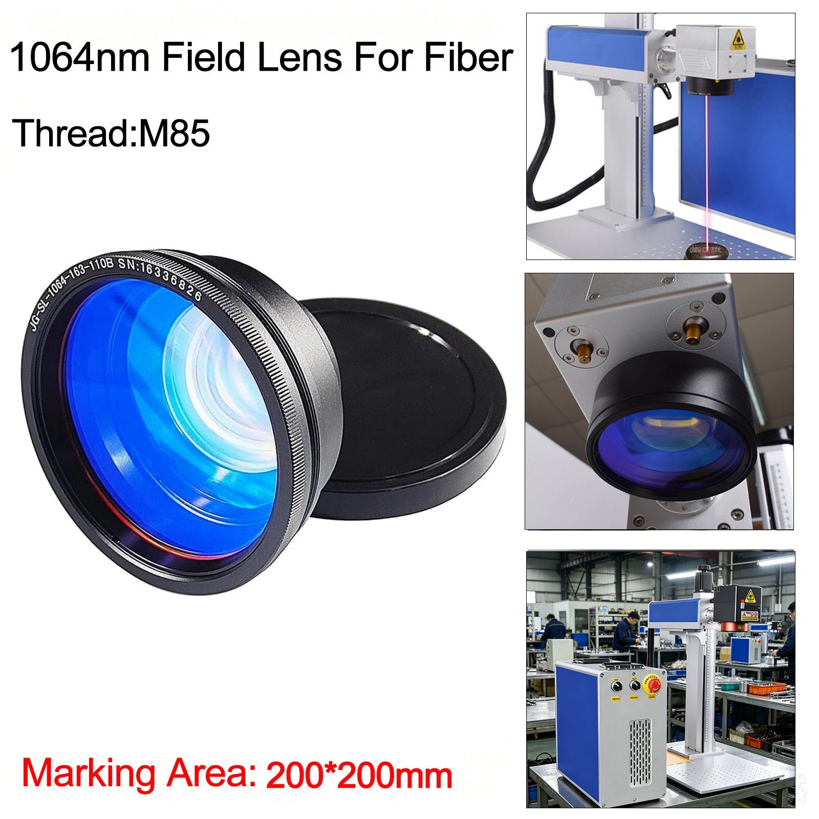 F290 200x200mm Field F-theta Scan M85 Thread For 1064nm 50W Fiber Laser Marker