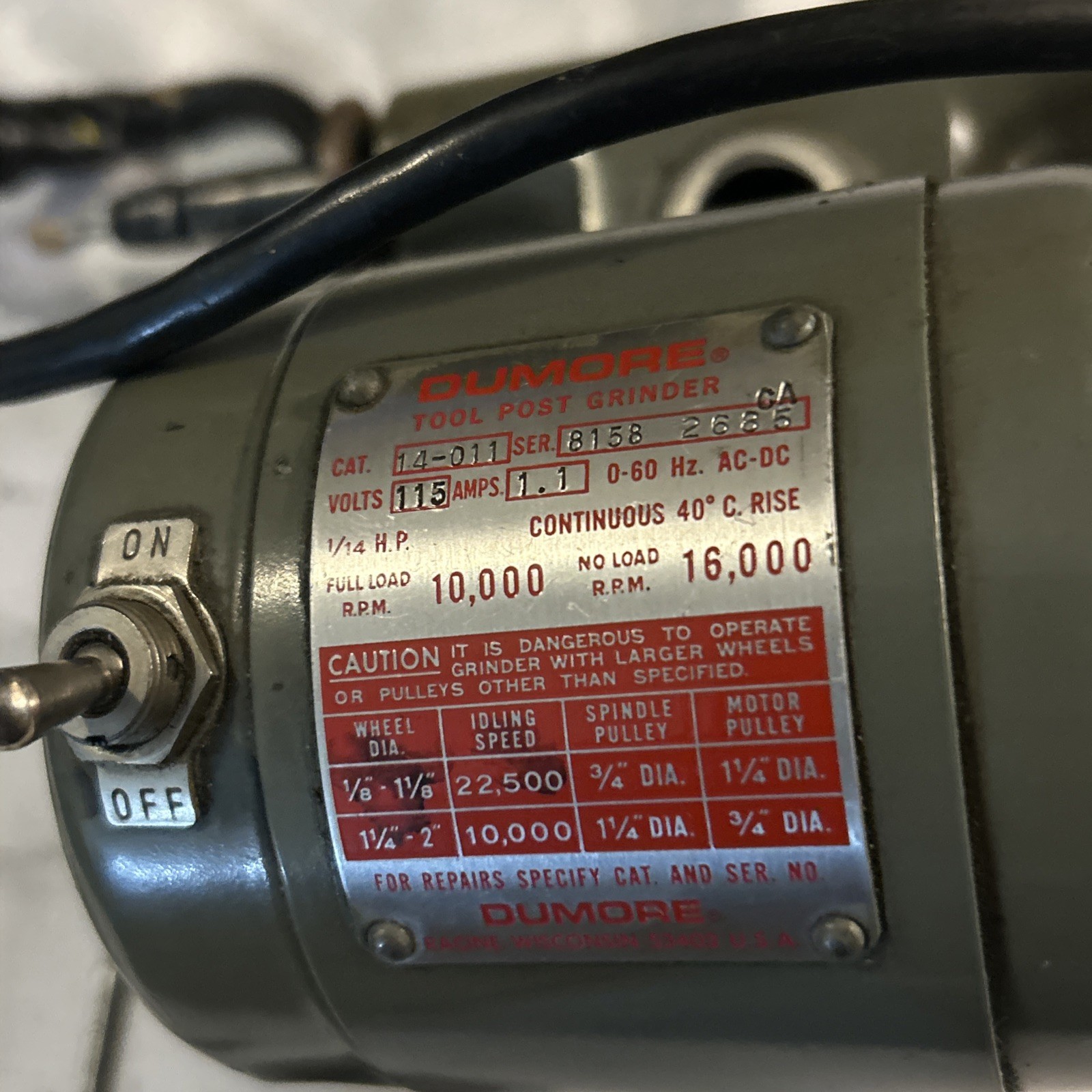 Precision Dumore 14-011 Tool Post Grinder Motor Lathe 8385 Machinist