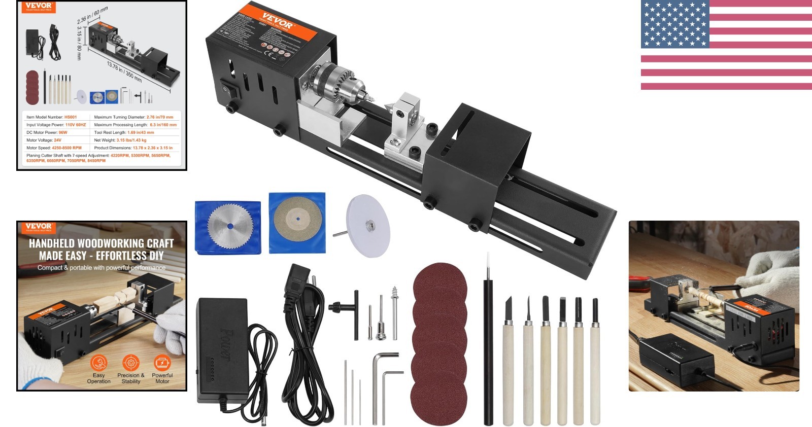 High-Speed Mini Lathe Machine, 2.76×6.3in, 96W Motor for Precision Woodwork