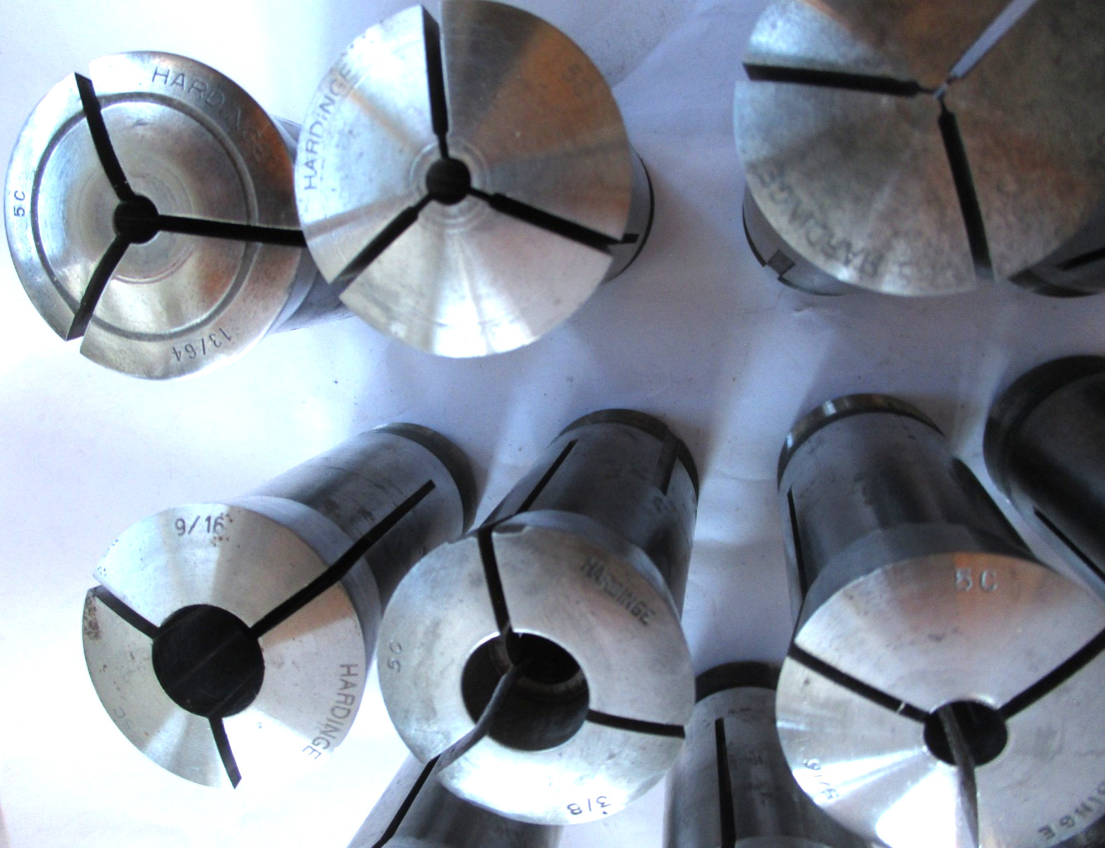 Lot /Set of 11 Hardinge 5C Collets. Range Is 1/16 to 1″. 7 Have Internal Thread