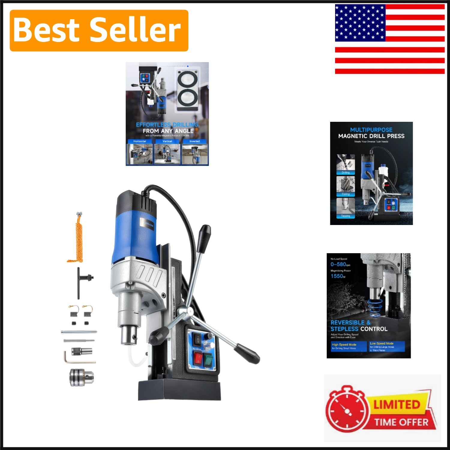 Heavy-Duty 1550W Magnetic Drill Press with 2922 lbf Force & Adjustable Speed
