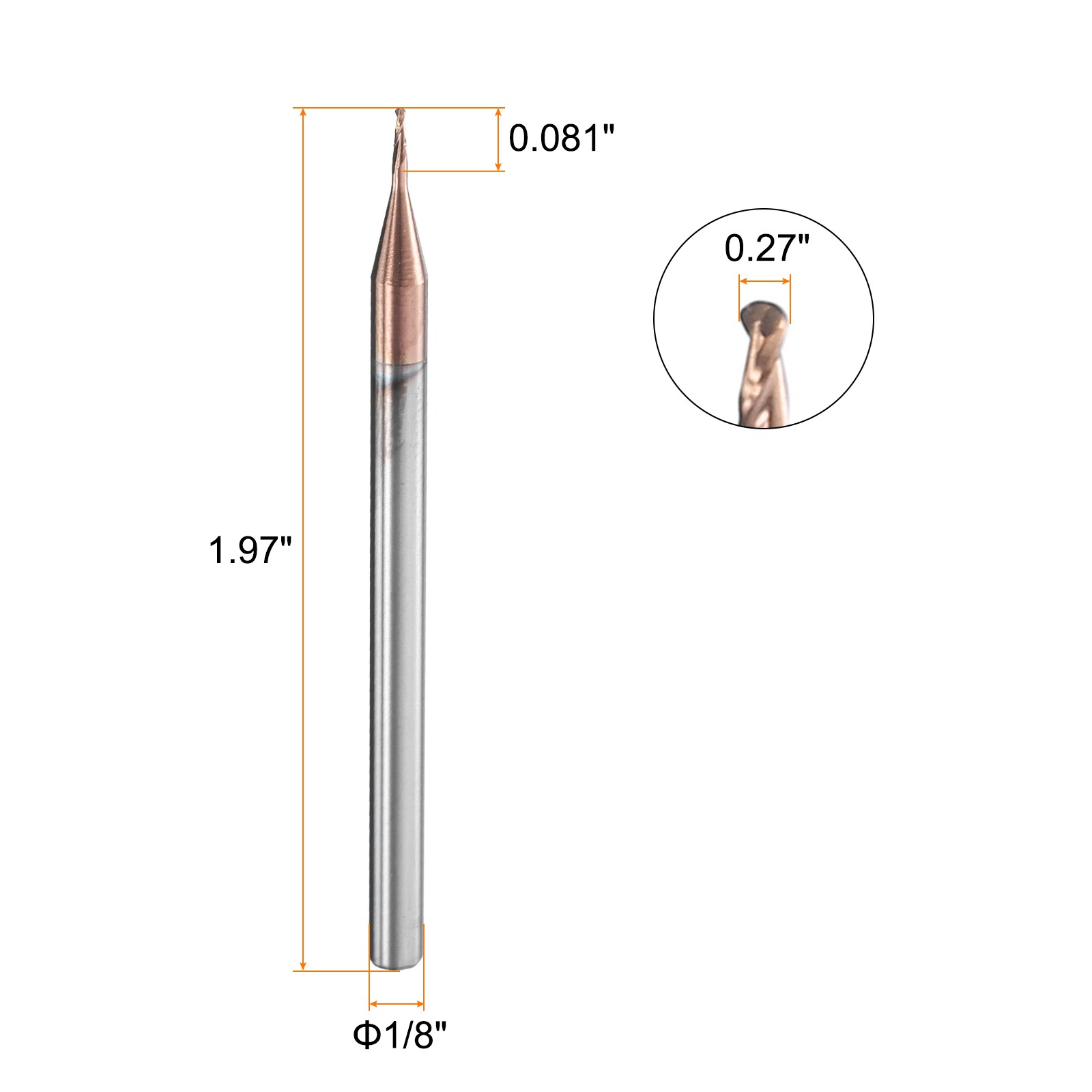 4 Flute Ball Nose End Mill 0.081″ Cutting Length Uncoated for Carving Engraving