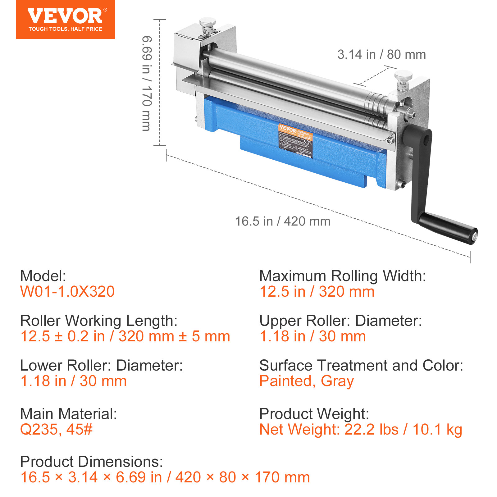VEVOR Slip Roll Machine Sheet Metal Slip Roller 12.6” x 20 Gauge φ1.18 in