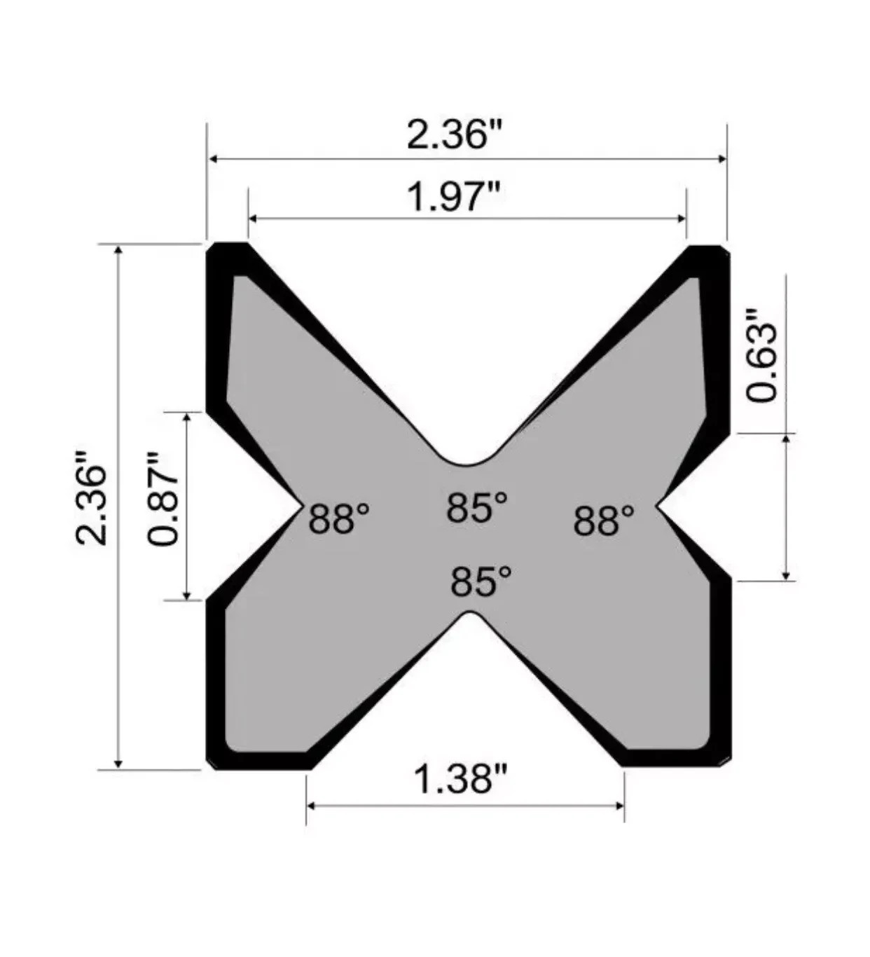 NEW 12″ Press Brake Die 2.36″ square. V Openings: 1.97″ 1.38″ 0.87″ and 0.63″