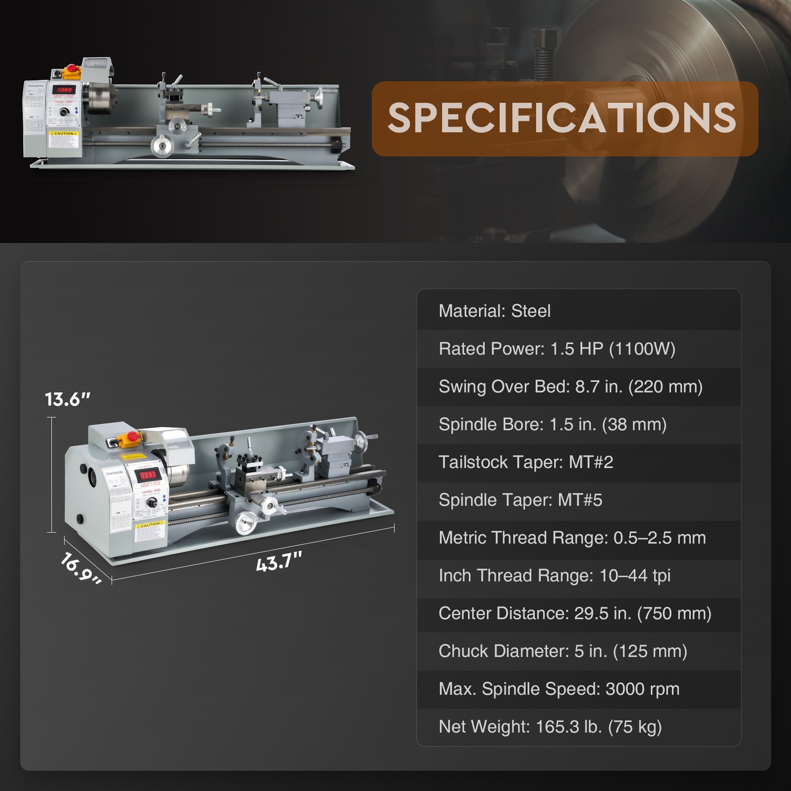 CREWORKS 9×30″ Mini Metal Lathe 1100W DC Motor 3000rpm 3-Jaw Chuck LCD Display