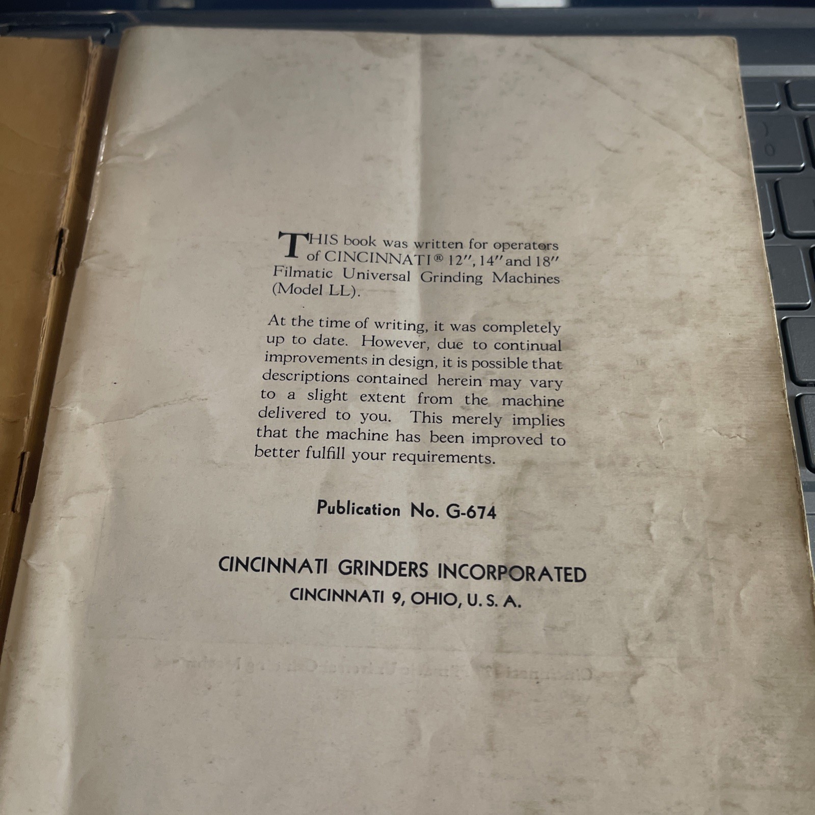 Operator’sInstructionBook 12″ 14″ & 18″Cincinnati Grinding Machines w/Lube Inst.