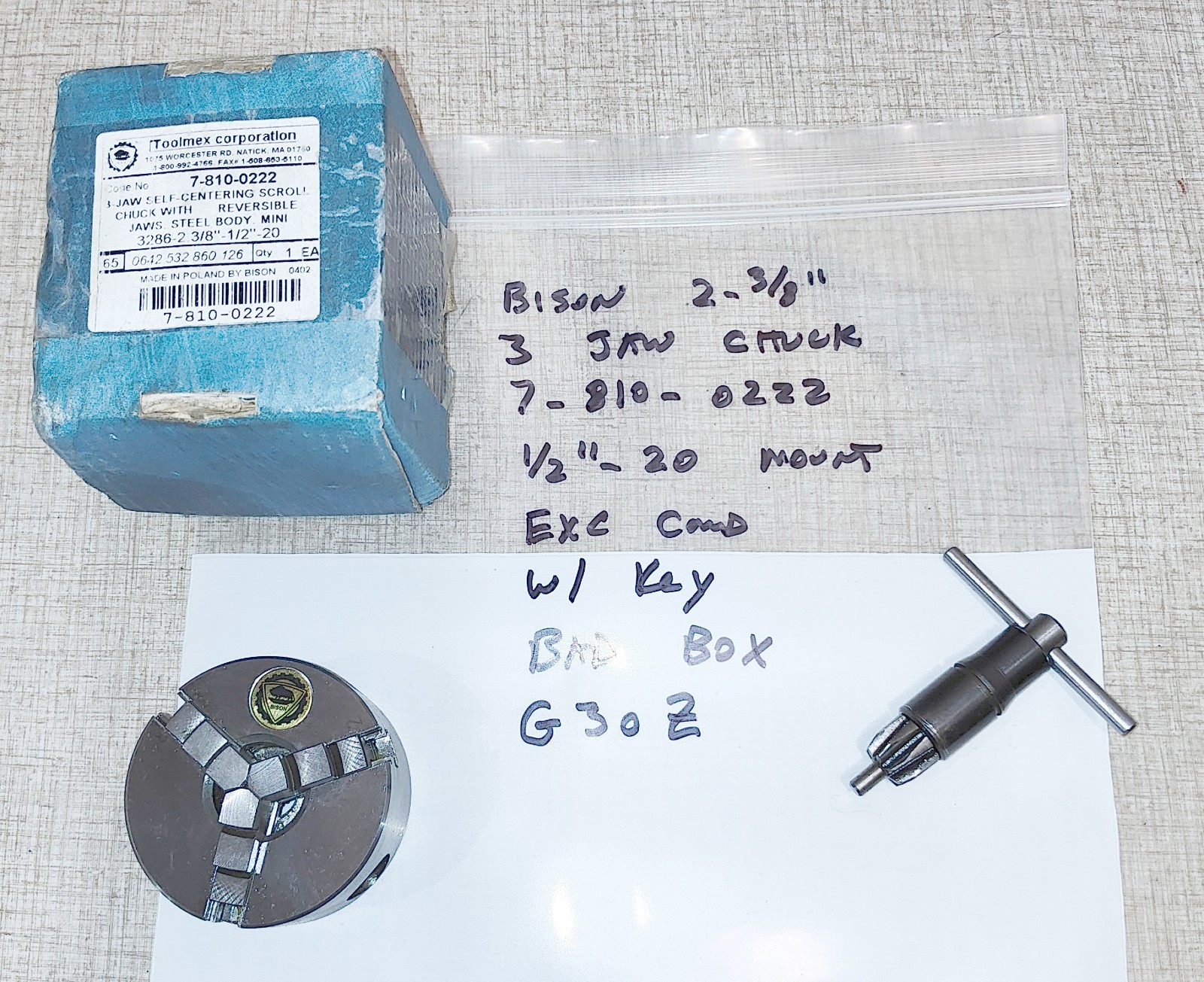 Bison 2-3/8″ Three Jaw Chuck & Key #7-810-0222 G30Z