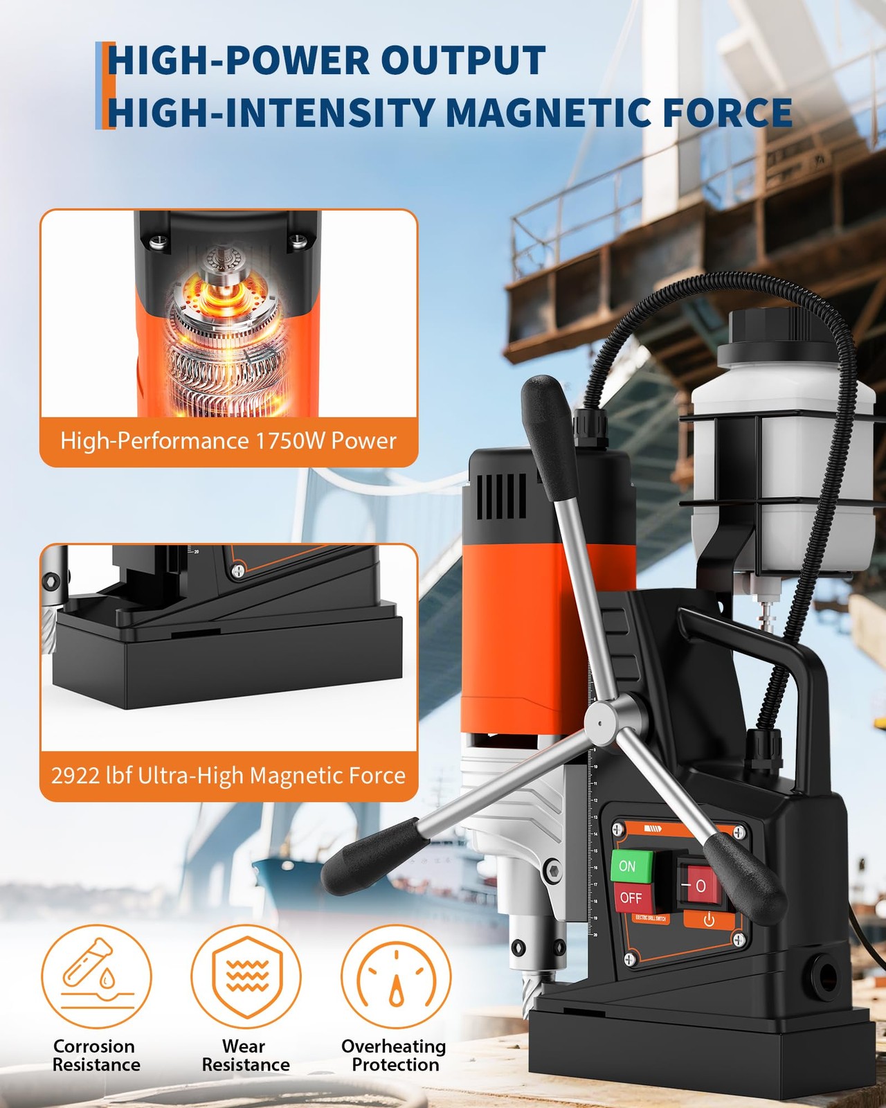 1750W Magnetic Drill Press, 2in Boring Diameter, 810RPM, 2922 LBF Magnetic Force
