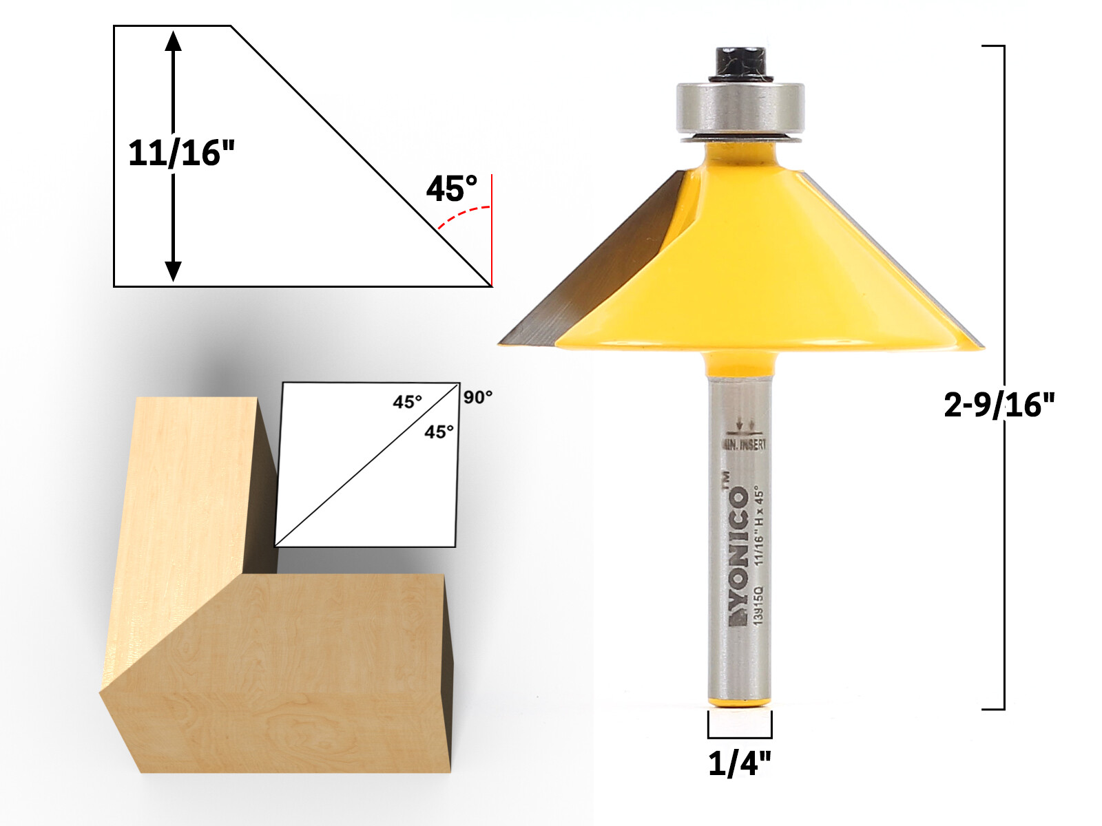 45 Degree Chamfer Edge Forming Router Bit – 1/4″ Shank – Yonico 13915q