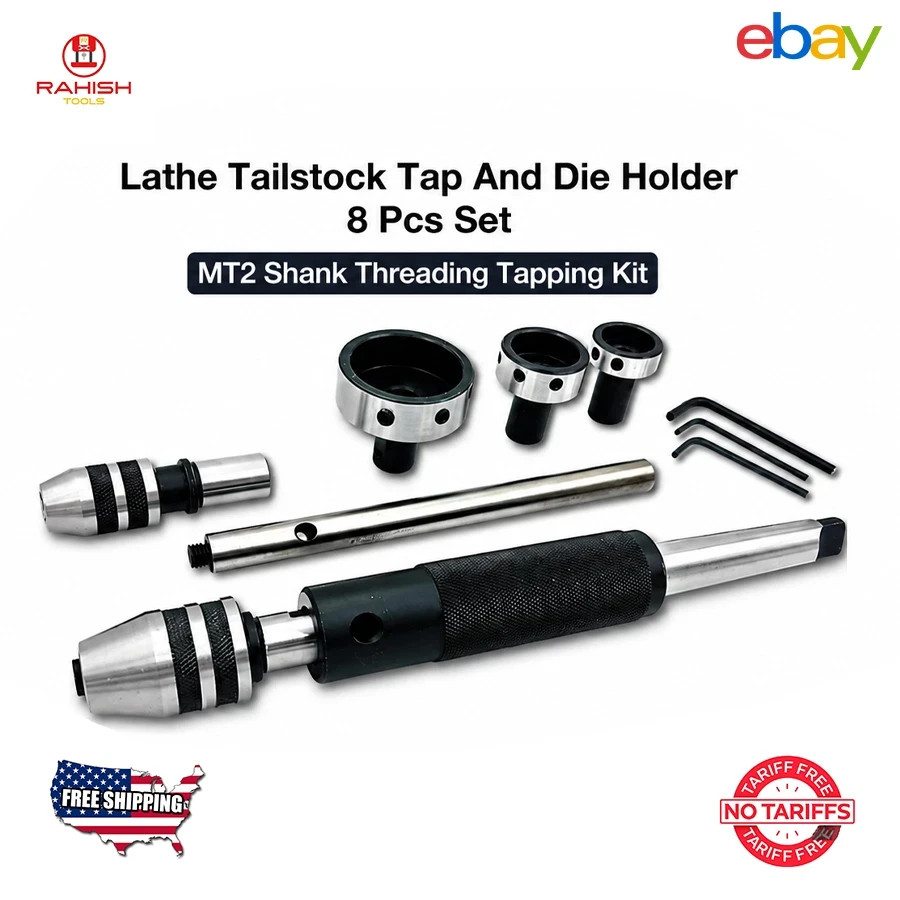 Lathe Tailstock Tap And Die Holder Set MT2 Shank Threading Tapping Kit 8 Pcs USA