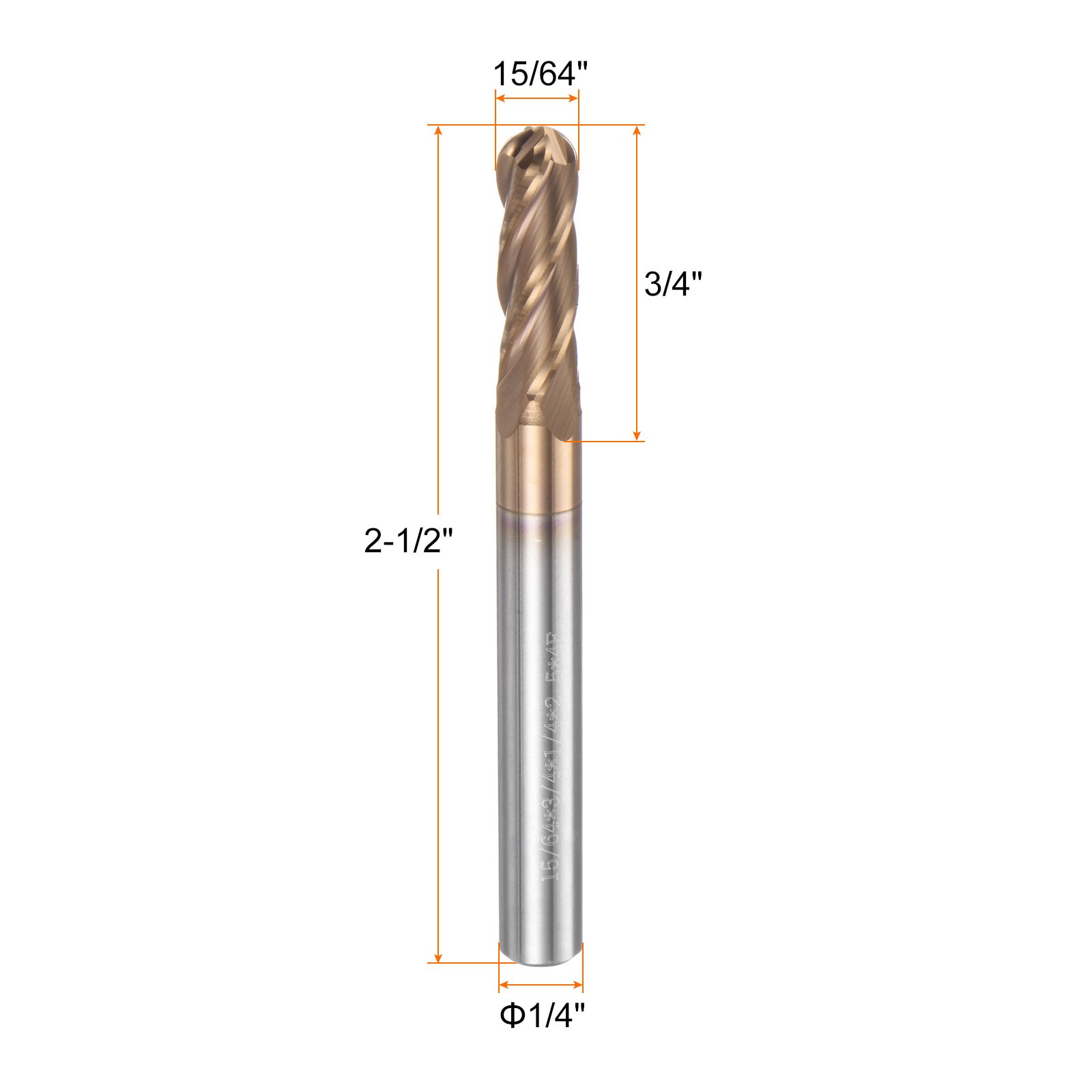 4 Flute Ball Nose End Mill 3/4″ Cutting Length TIN Coated for Carving