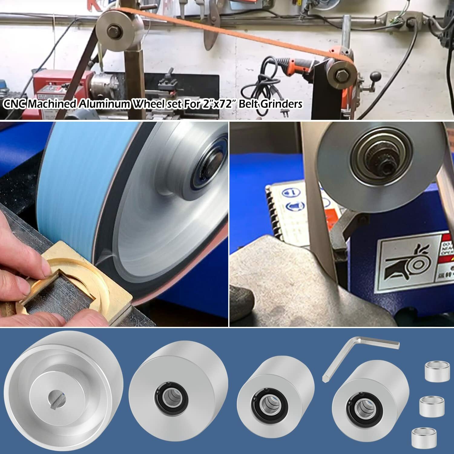 4pcs Belt Knife Grinder 2″x72″ Wheel Set 4″ Drive 5/8″ Bore 3″ Track 2″ Idler