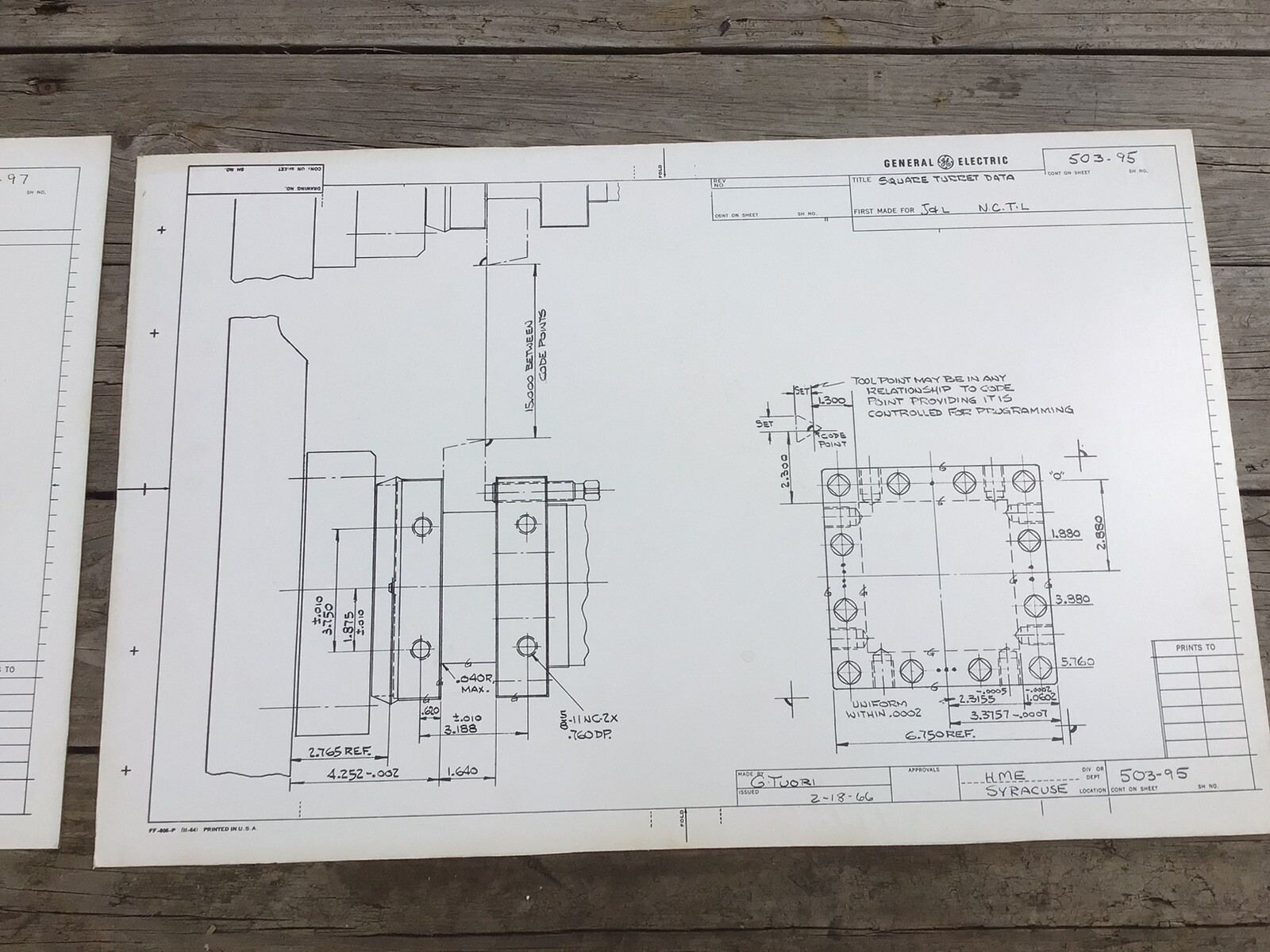 GE Engineering Drawings 1966, 22”x34”, Lathe Square Turret Lathe Tooling, Poster