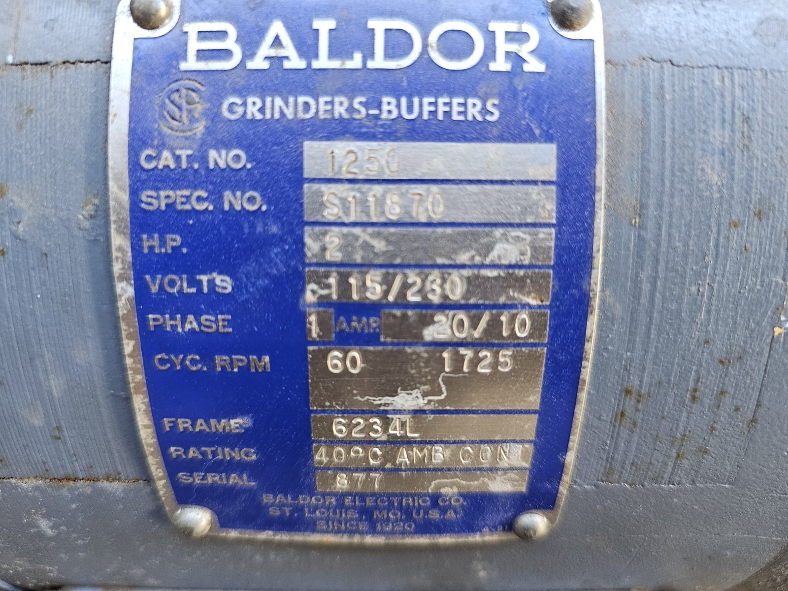 Baldor 1250 Bench Grinder 2HP 115/230V 1725 RPM Manual Electric
