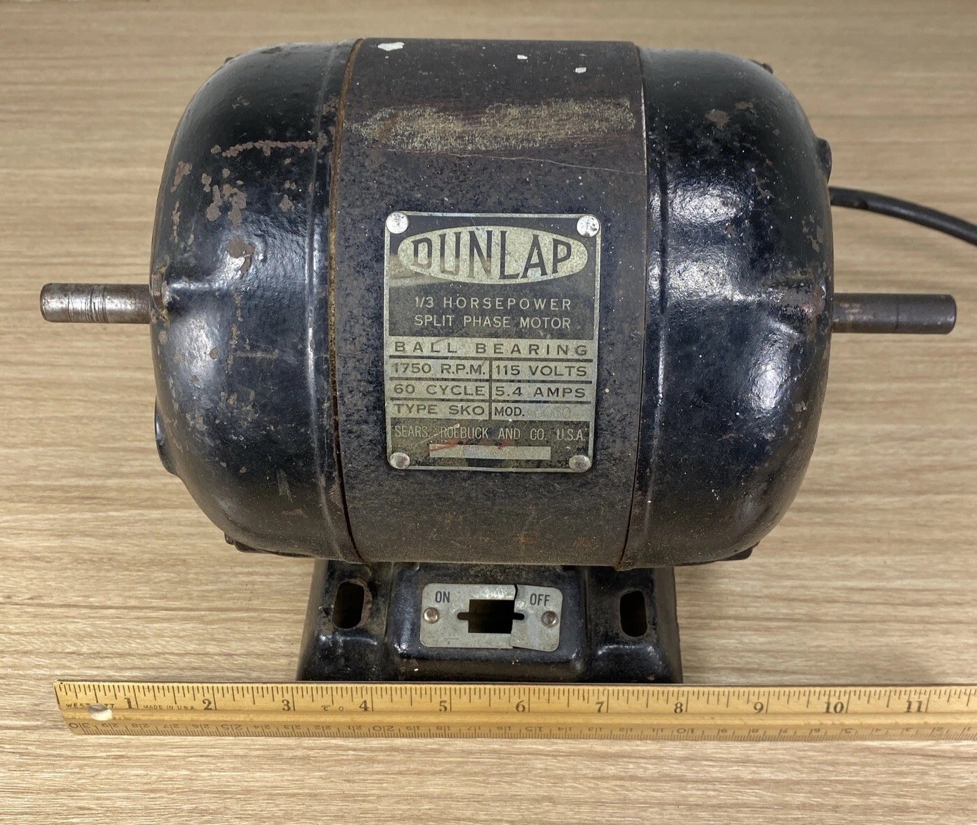Vintage Sears DUNLAP 1/3 HP Split Phase Motor Electric 1750 RPM 1/2” Shaft
