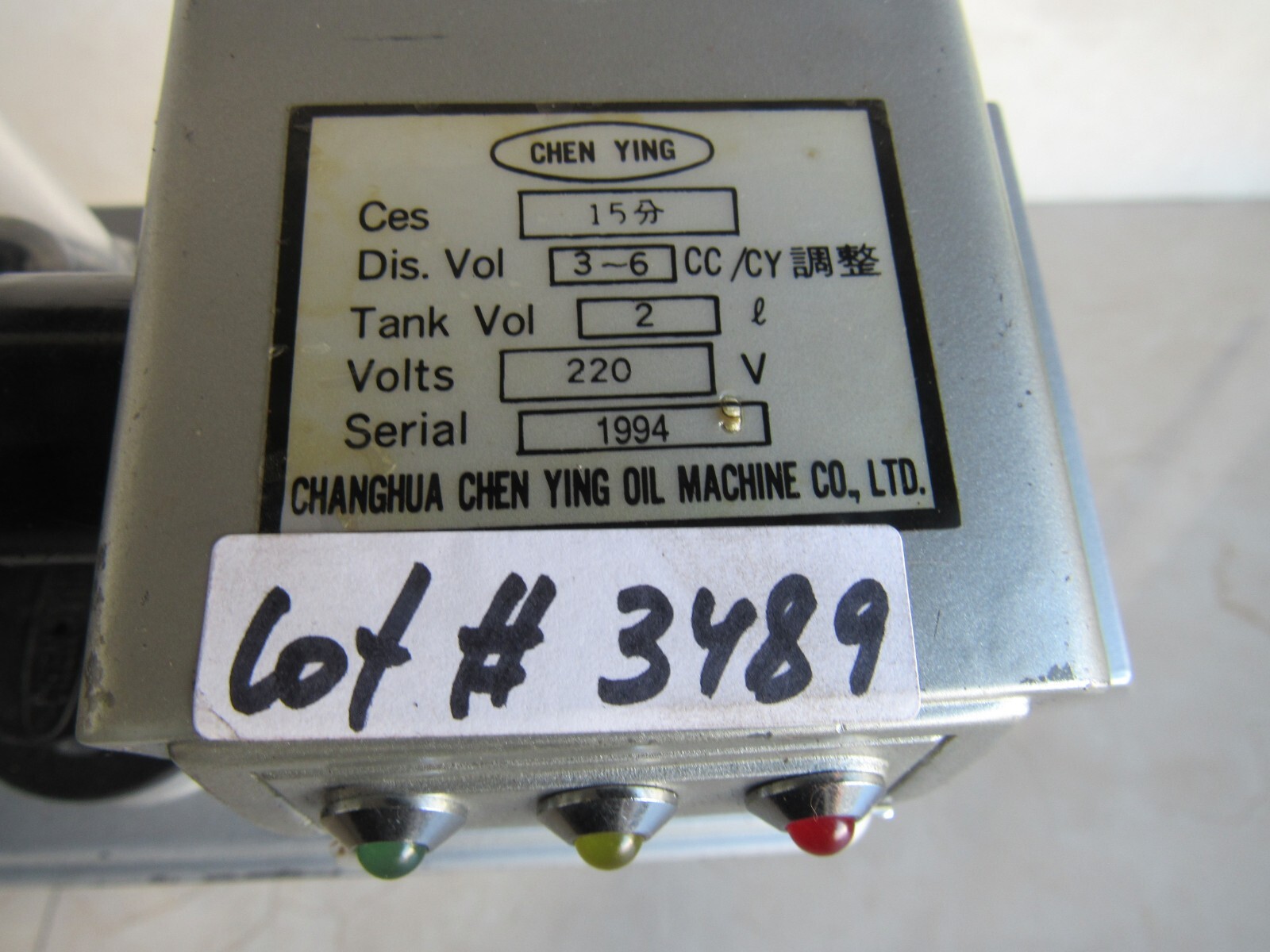 Chen Ying CES-15 AC-220v Lube Pump CES15 CES-TYPE Lot # 3489 Listed by Greg
