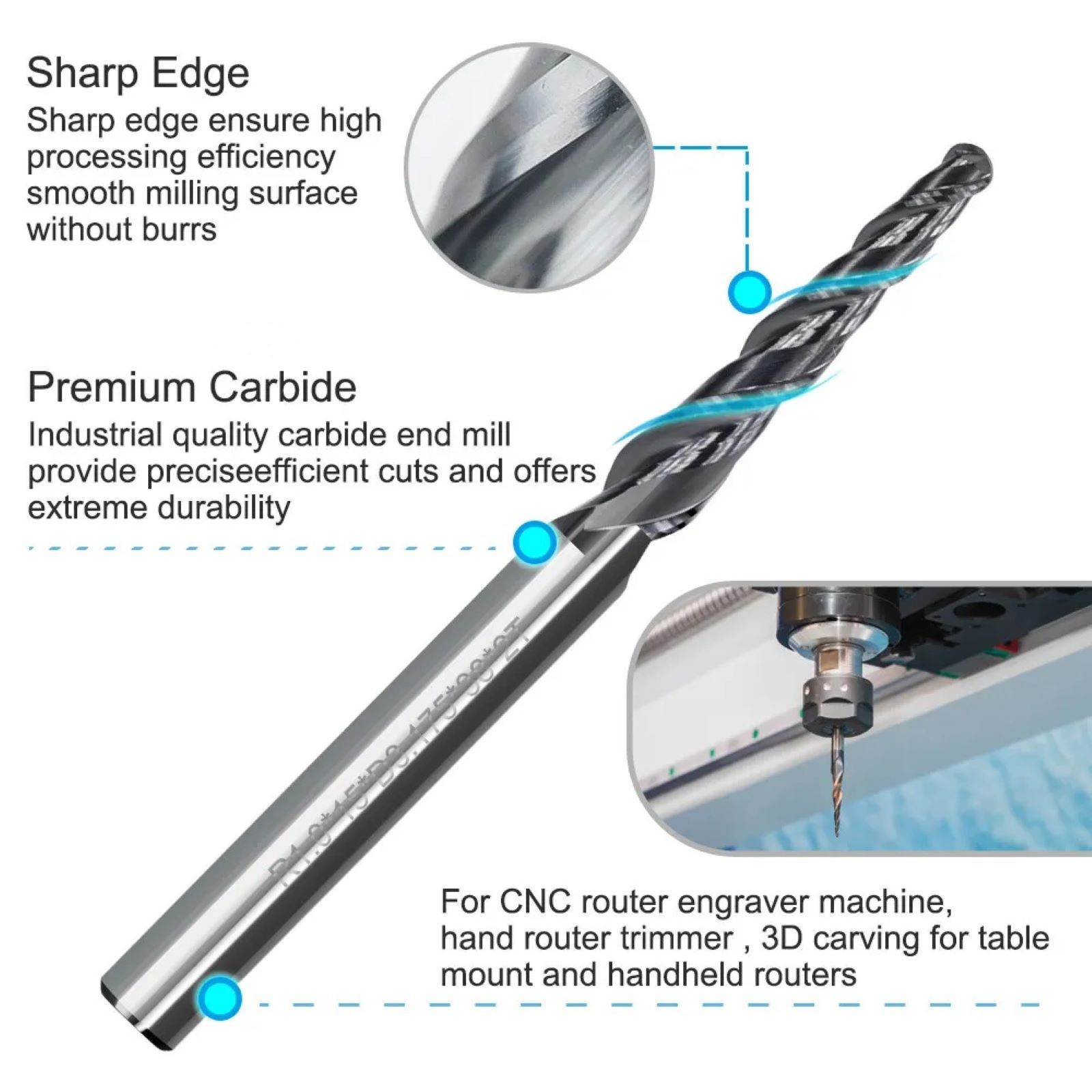 Tungsten steel CNC Router Bit Shank Tapered Spiral End Mill Ball Nose Radius