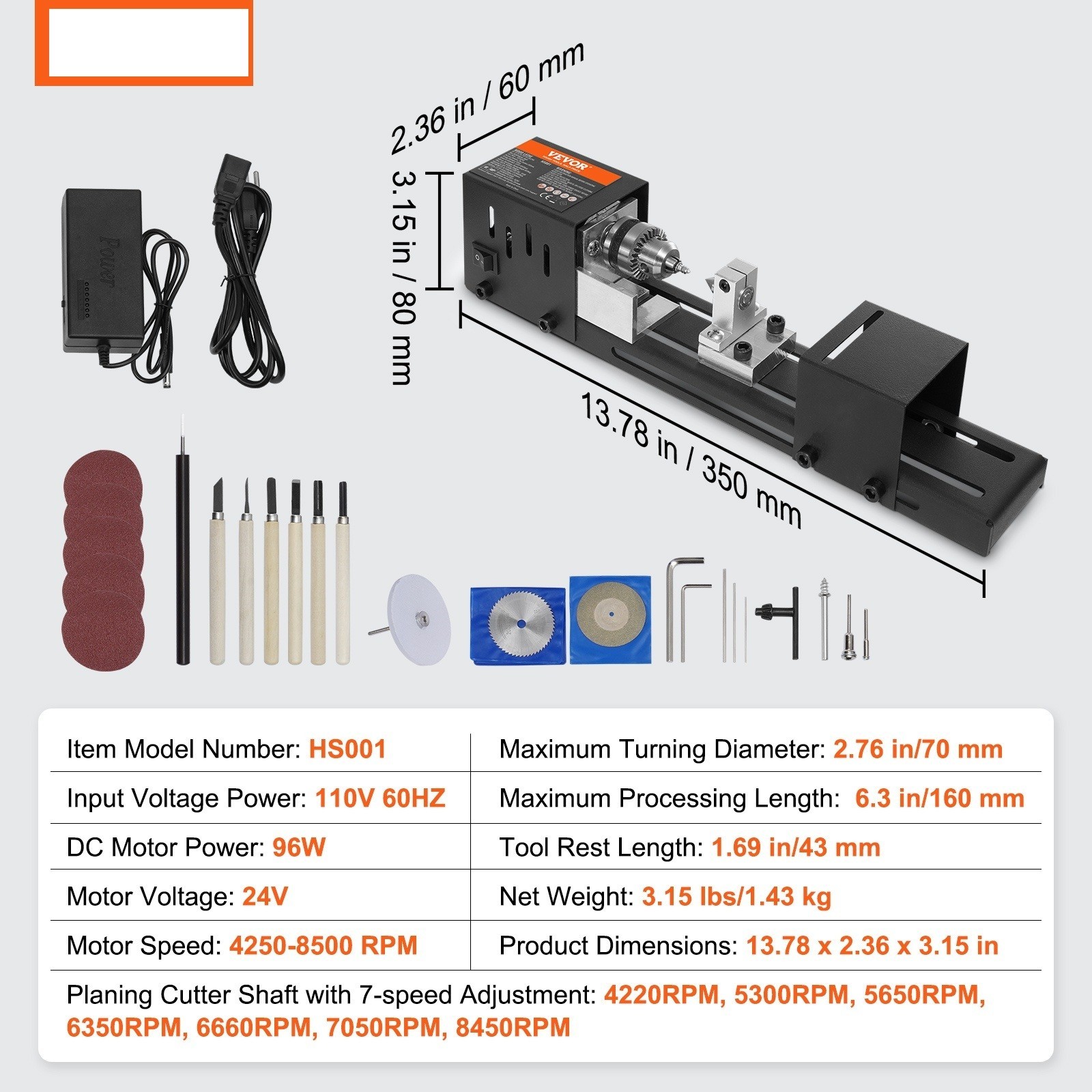 Mini Lathe Machine 24V 96W Mini Wood Lathe Tools 2.76 in x 6.3 in 7 Speeds