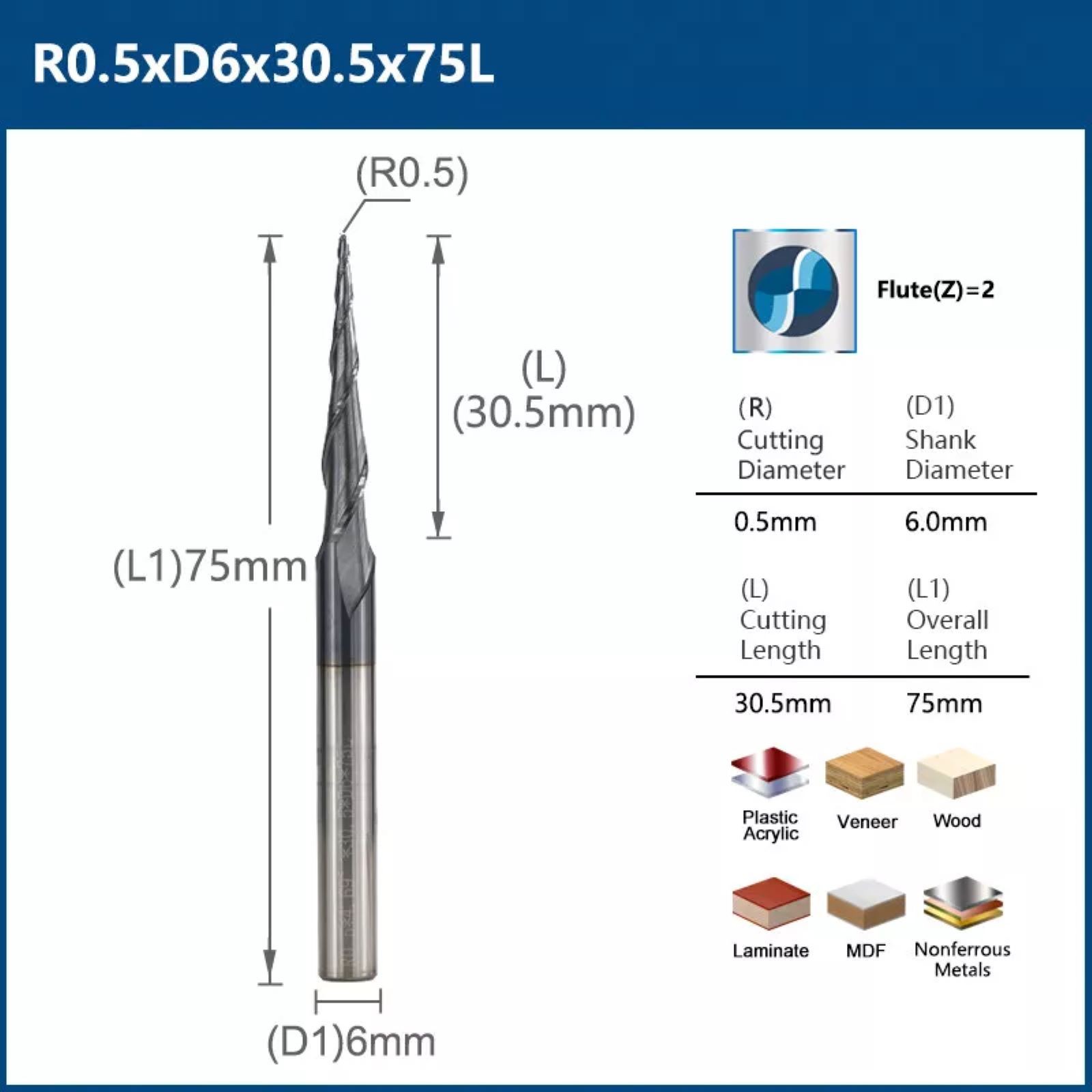 CNC Router Tungsten steel Bit Shank Tapered Spiral End Mill Ball Nose Radius