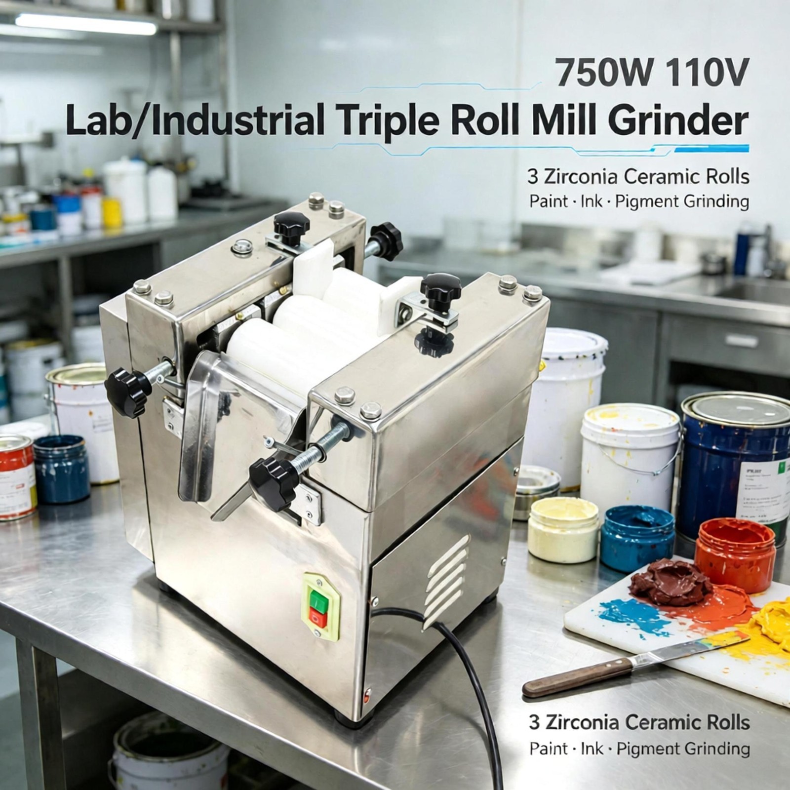 750W 110V Lab/Industrial Triple Roll Mill Grinder with 3 Zirconia Ceramic Rolls