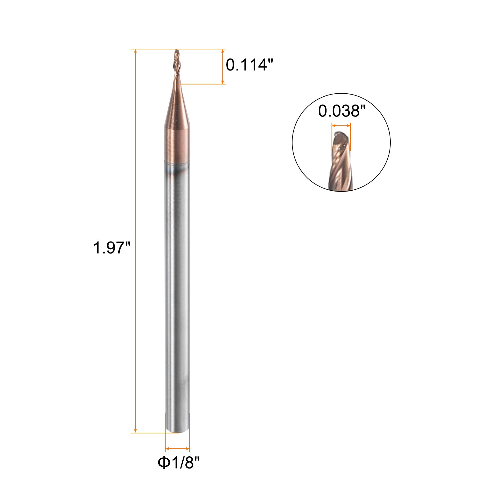 2 Flute Ball Nose End Mill 0.114″ Cutting Length Uncoated for Carving Engraving