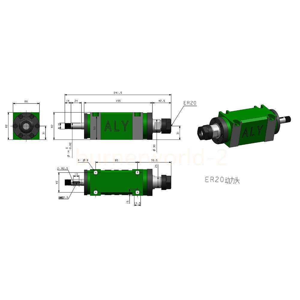750W 1HP ER20(60) Spindle Motor Belt Spindle Milling 5 Bearings Cutting Milling