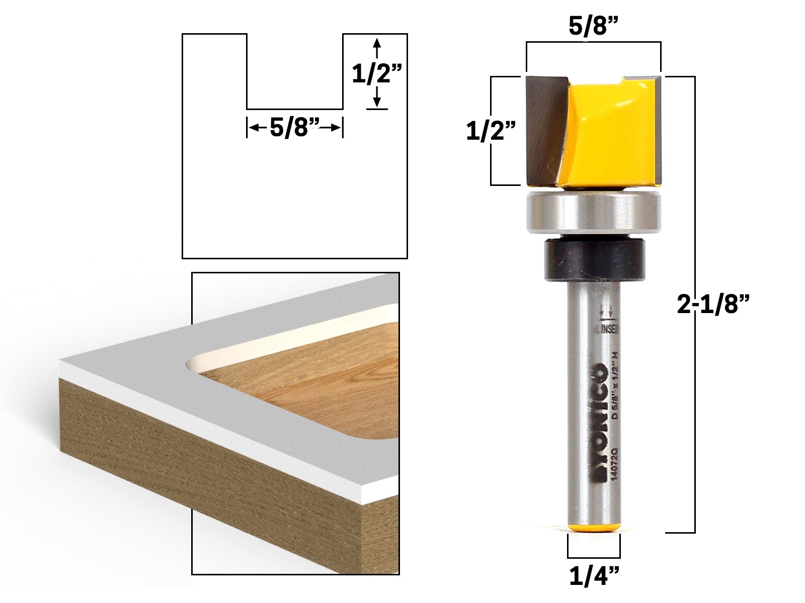 3 Bit 5/8″ Diameter Flush Trim Router Bit Set – 1/4″ Shank – Yonico 14324q