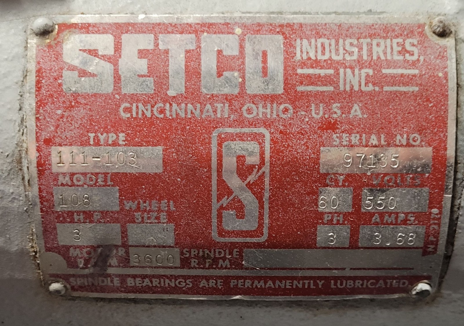 Setco 3 HP 3600 RPM Lathe Tool Post Belt Sander Model #108