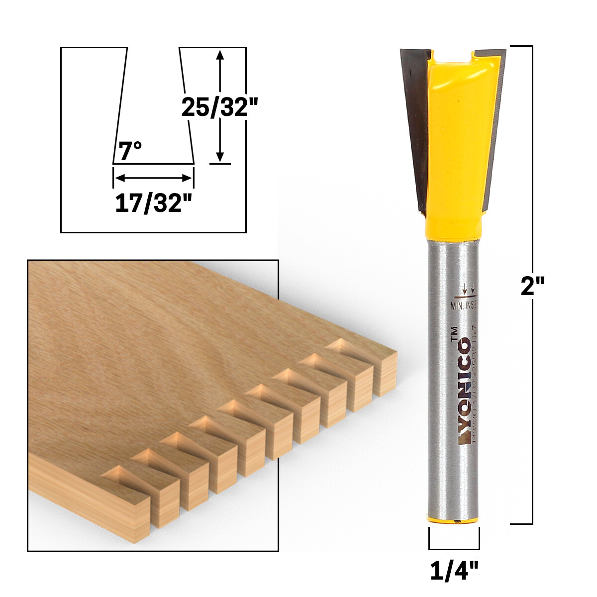 7Â° X 17/32″ Dovetail Router Bit – 1/4″ Shank – Yonico 14822q
