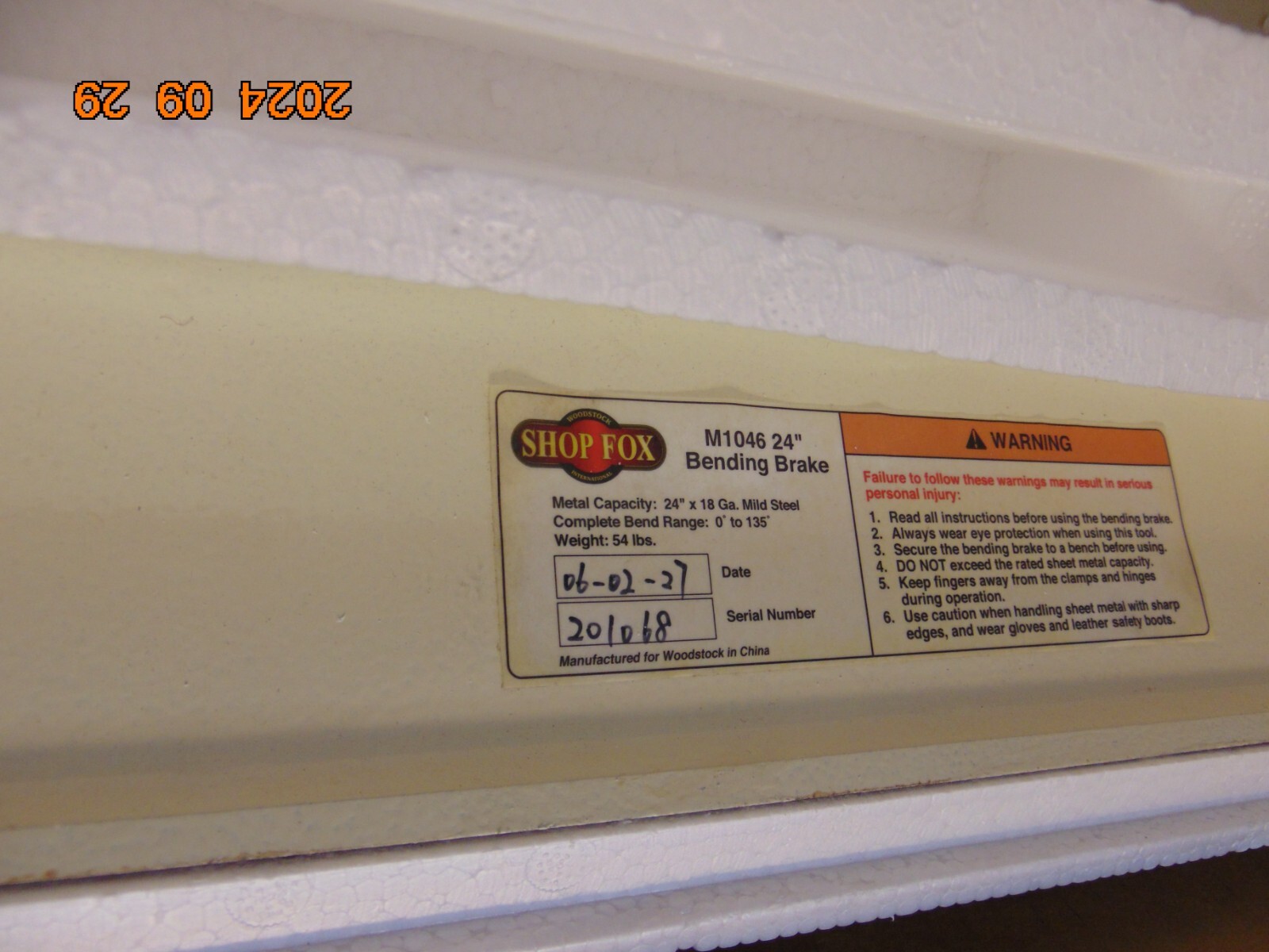 SHOP FOX M1046 BENDING BRAKE 24″ x 18 GA. MILD STEEL 0-135 DEGREE RANGE