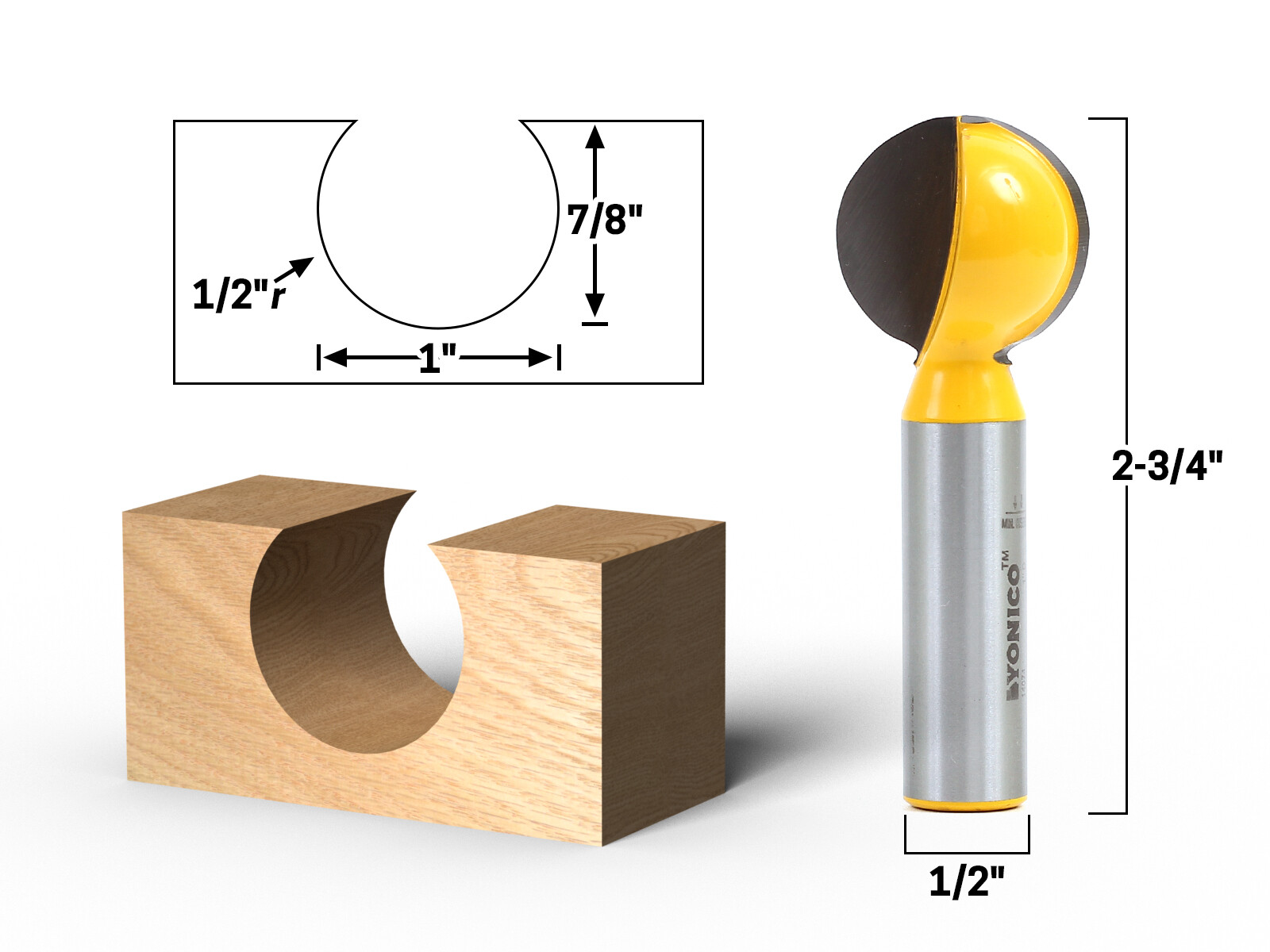 1″ Diameter Ball End Grooving Router Bit – 1/2″ Shank – Yonico 14074