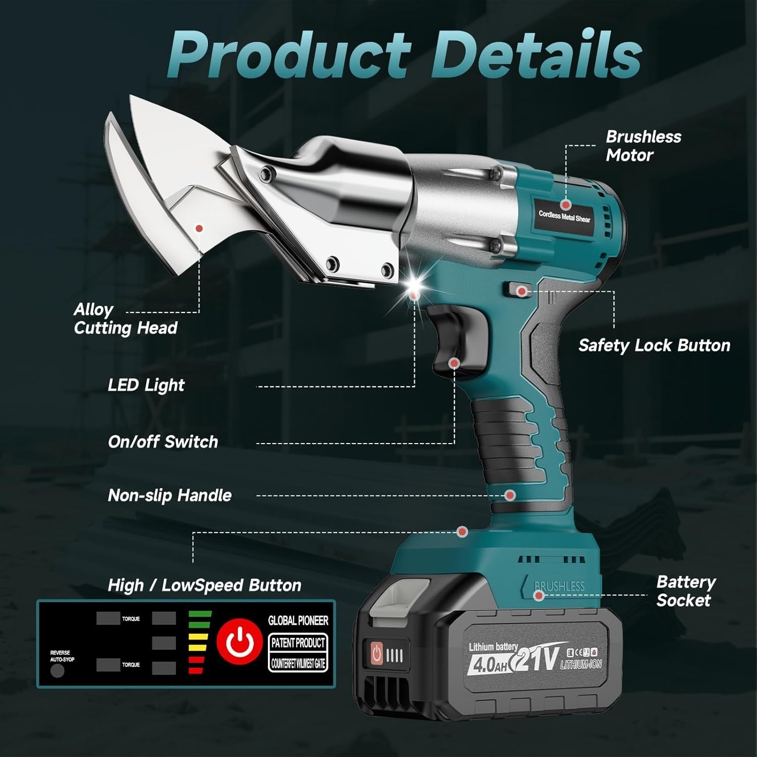 Cordless Sheet Metal Cutter, Brushless Metal Shear with 1×4.0Ah Battery, 360° Ro