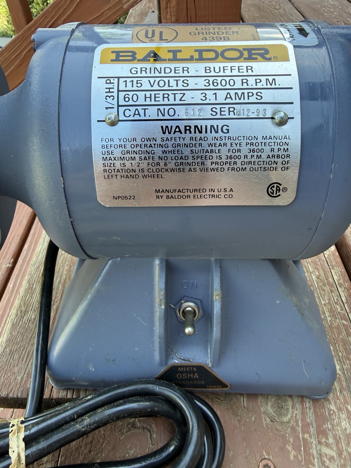 BALDOR # 612 6″ GRINDER / BUFFER 115V 3600 RPM