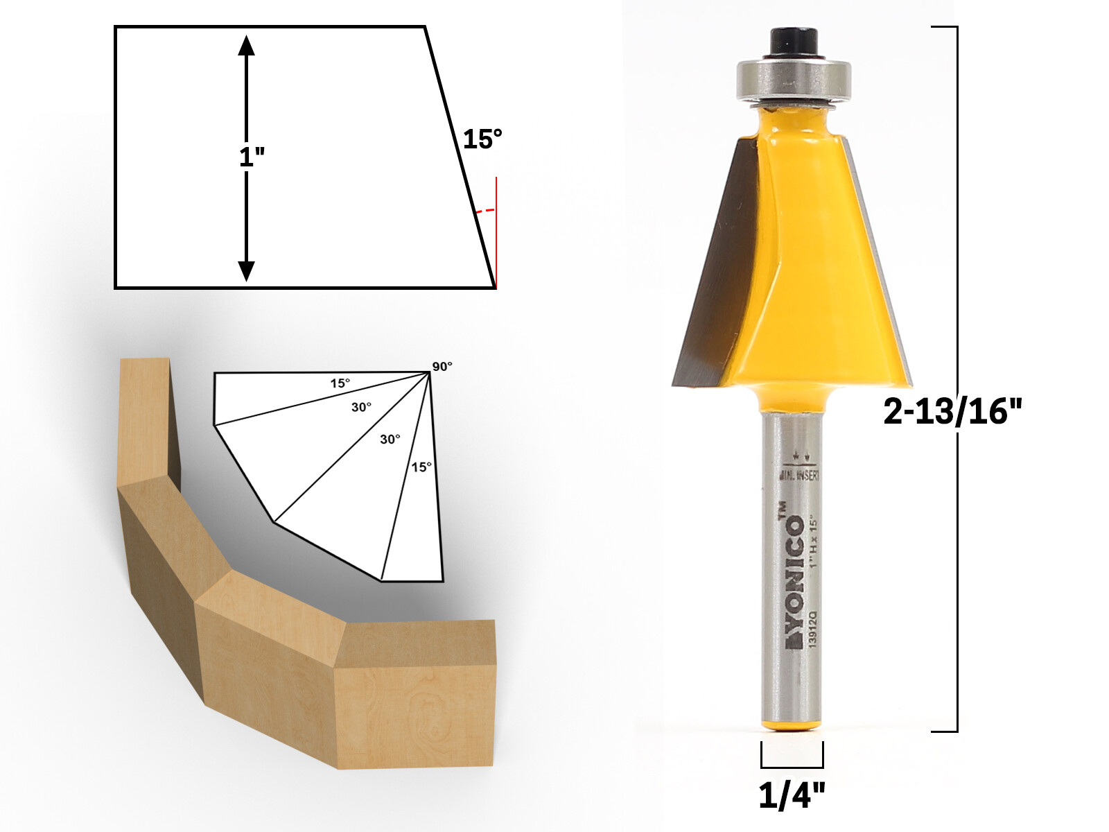 15 Degree Chamfer Edge Forming Router Bit – 1/4″ Shank – Yonico 13912q