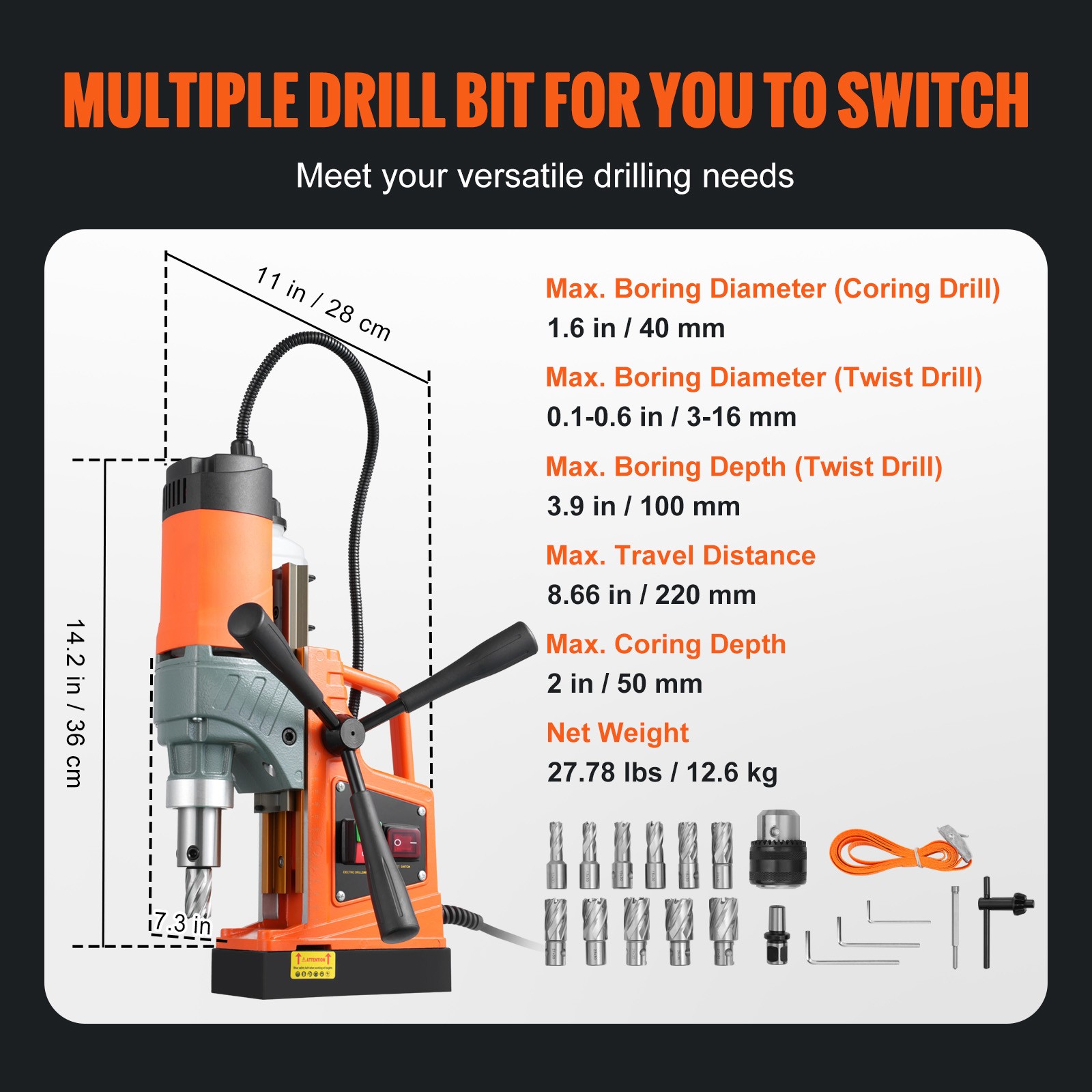 VEVOR Magnetic Drill 1450W 12500/12800N Portable Mag Drill Press 850/800RPM