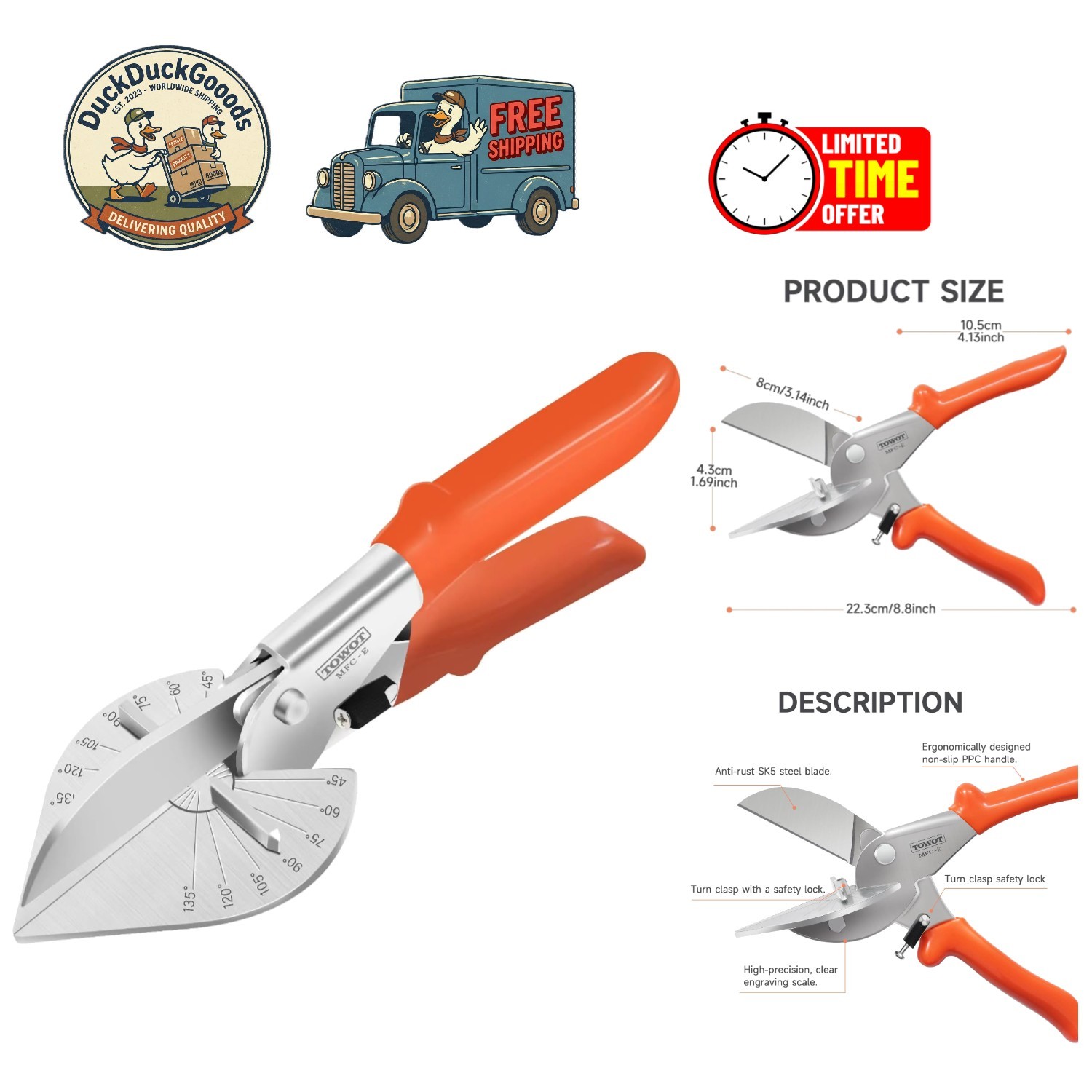 Stainless Steel Miter Shear Cutter with Safety Lock – 45 to 135 Degrees