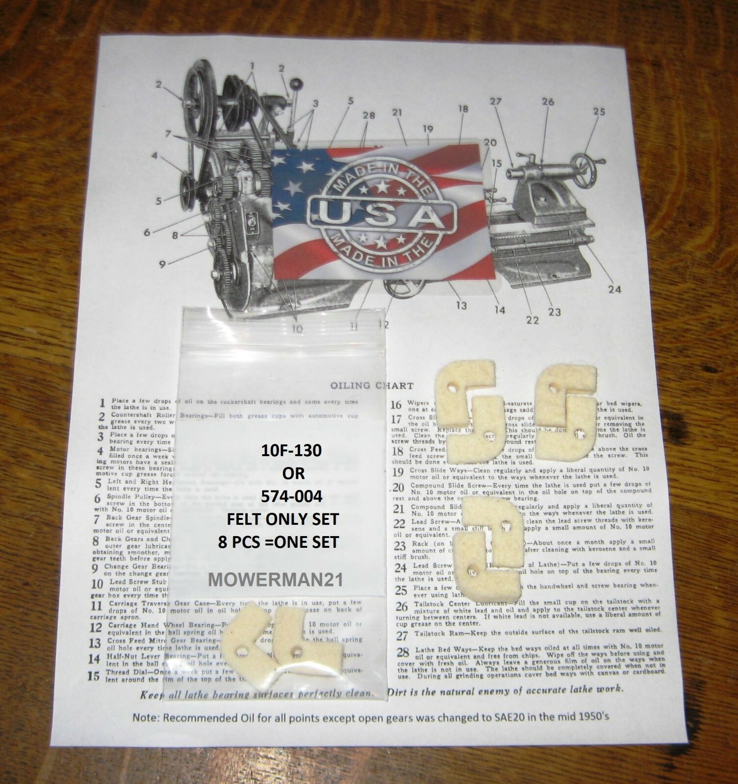 NEW Atlas/Craftsman Lathe 10″ 12″ Felt Set 10F-130 8 pc = one felt set 5/16+