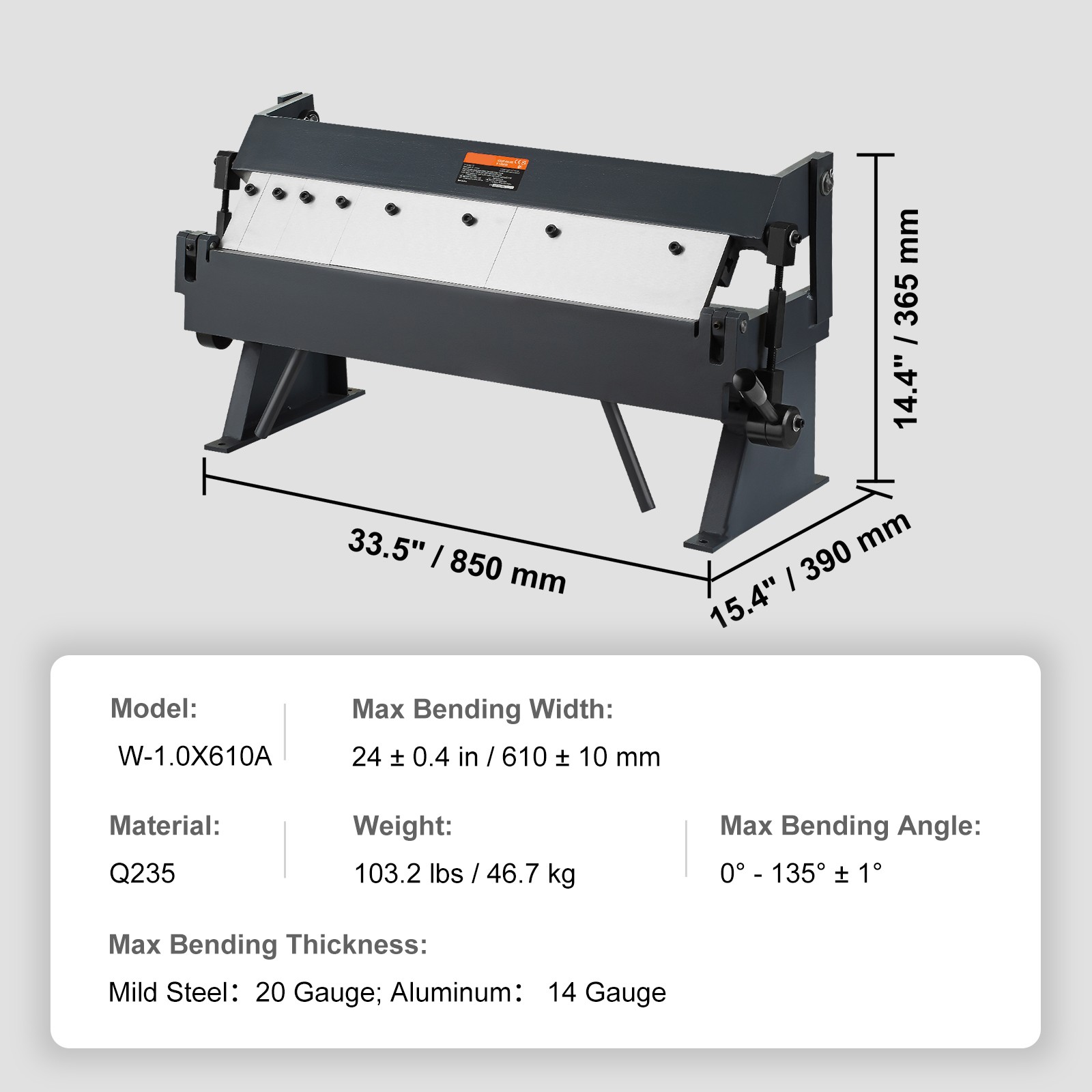 VEVOR 24 in Sheet Metal Bender 0-135° Brake Bending 14 Gauge Removable Fingers