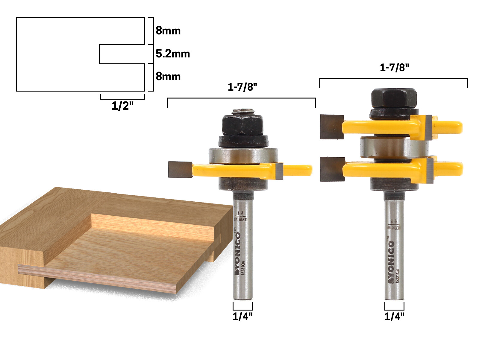 1/4″ Plywood Panel 2 Bit Tongue & Groove Router Bit Set – 1/4″ Shank – Yonico 15