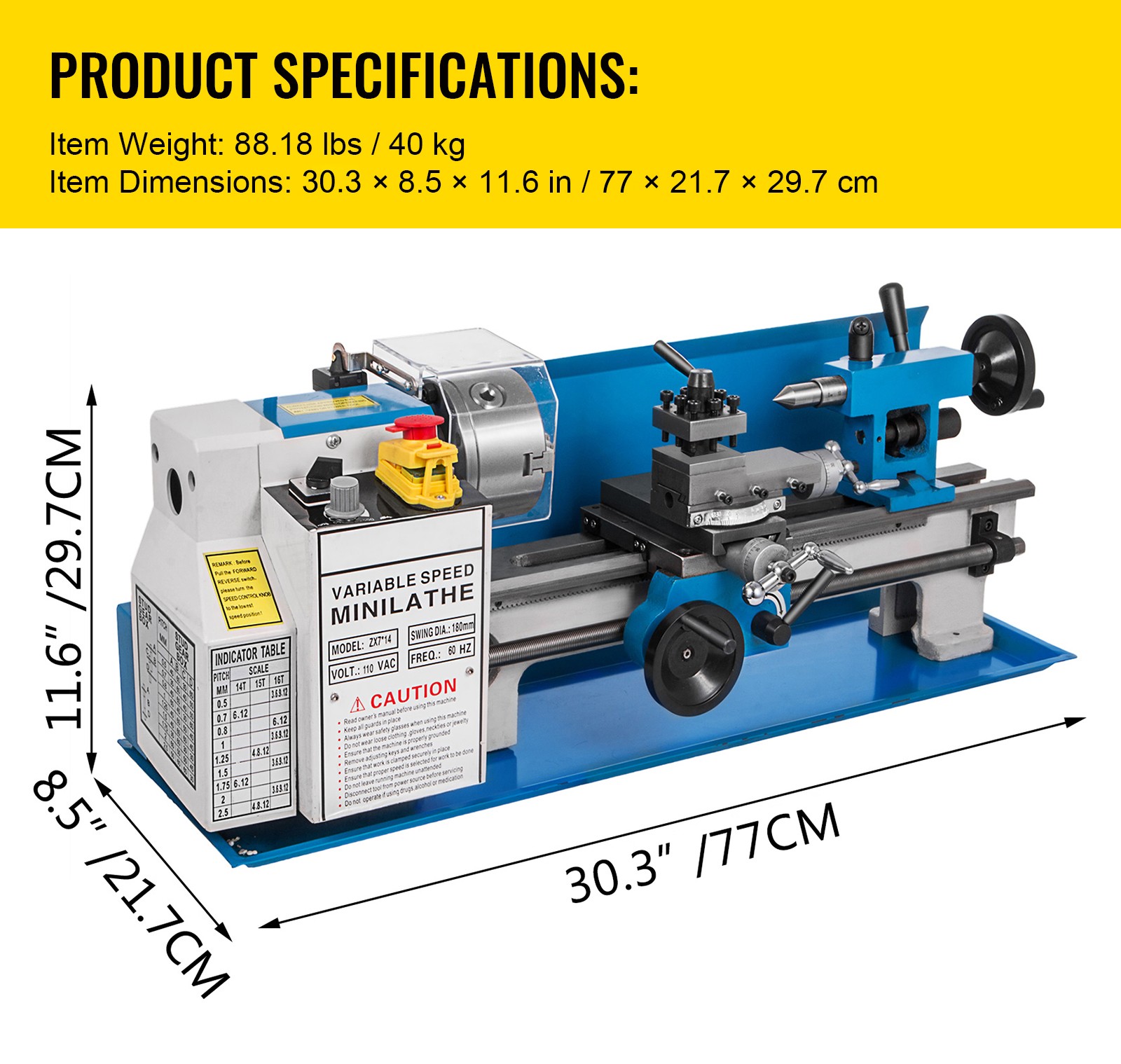 VEVOR 7″ x 14″ Mini Metal Lathe w/Lamp 550W Precision Variable Speed 2250 RPM