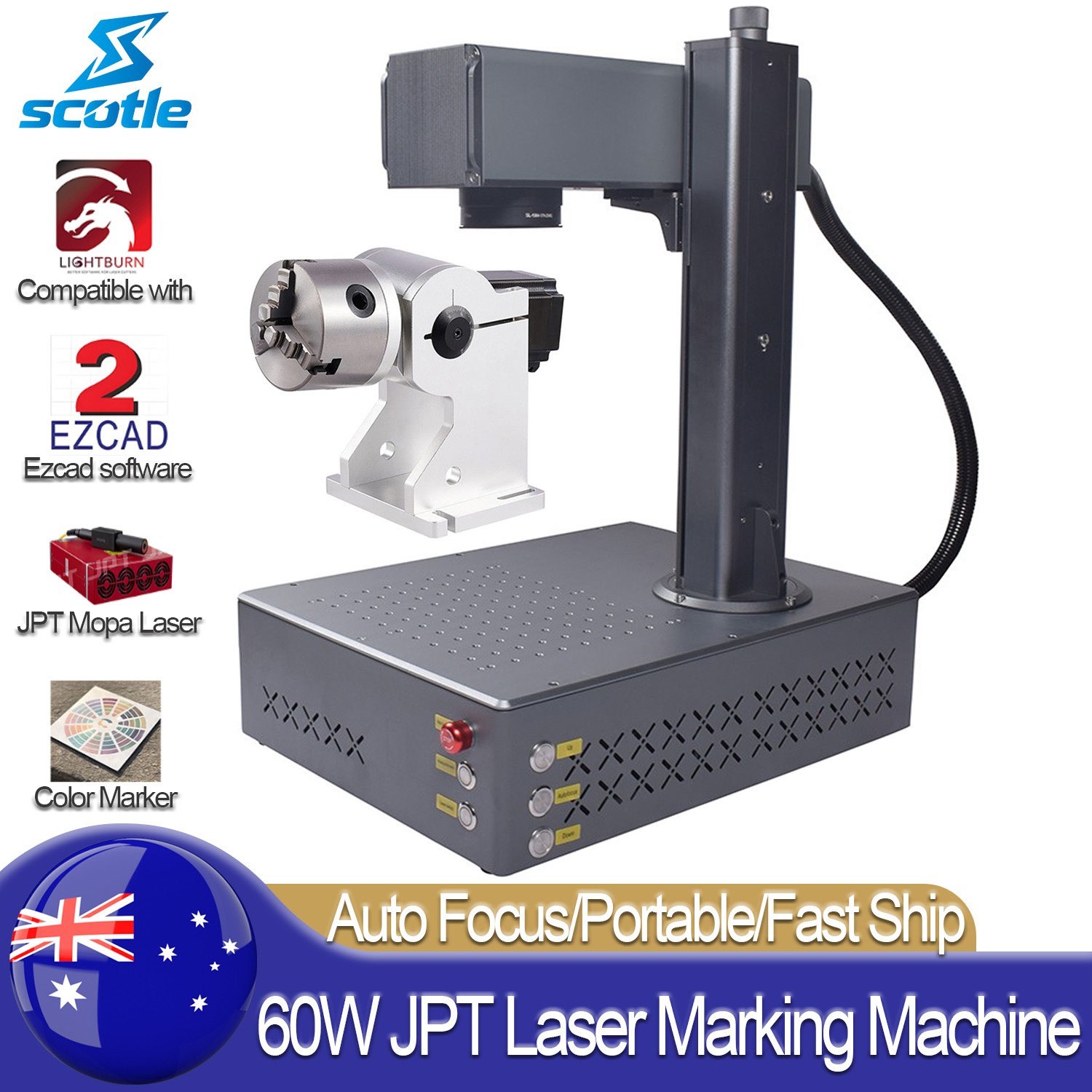 60W Portable JPT Mopa Auto Focus Fiber Laser Marking Machine Marker Engraving AU