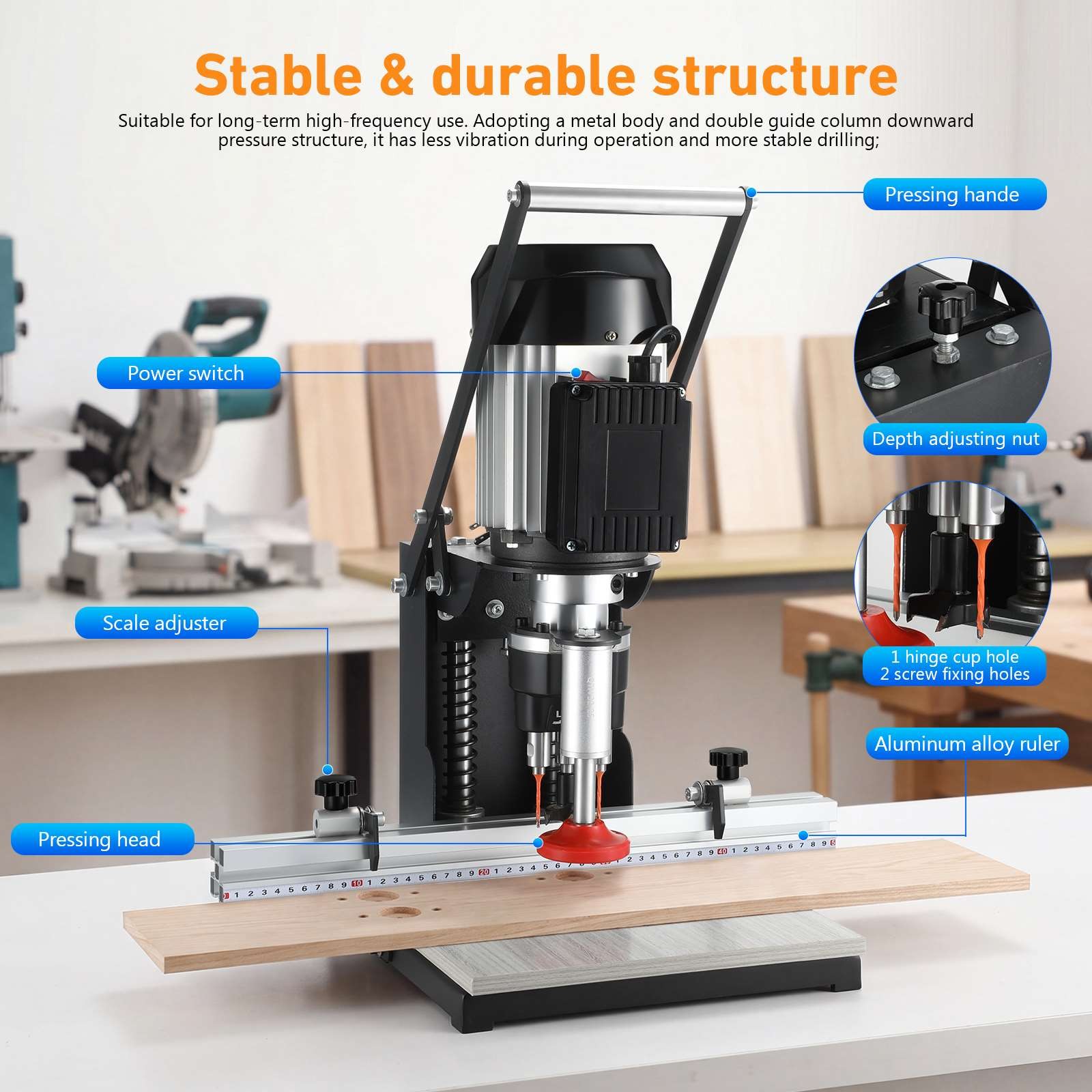 Manual Hinge Drilling Machine Woodworking Boring w/ Two Drill Bit 45-9.5 & 48-6