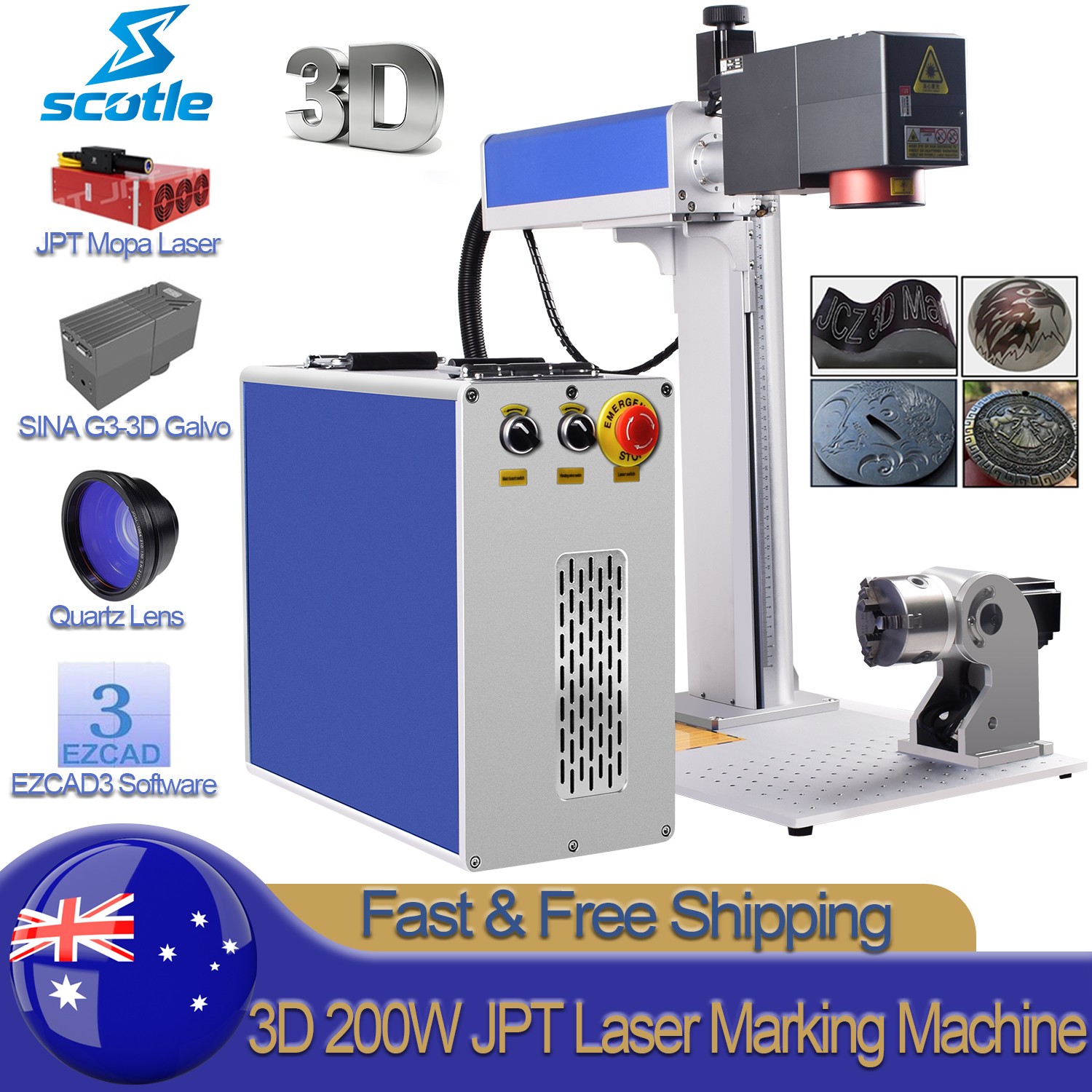 3D 200W JPT M7 MOPA Fiber Laser Marking Machine Curved Relief Deep Engraving AU
