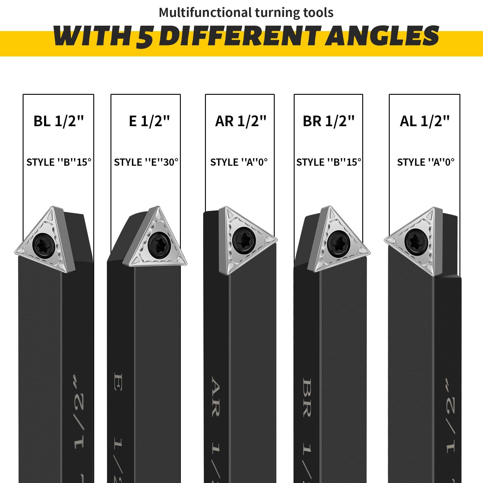 Metal Lathe Cutting Tools 1/2 Inch Carbide Bit Set Indexable Turning Kit 5 PCS